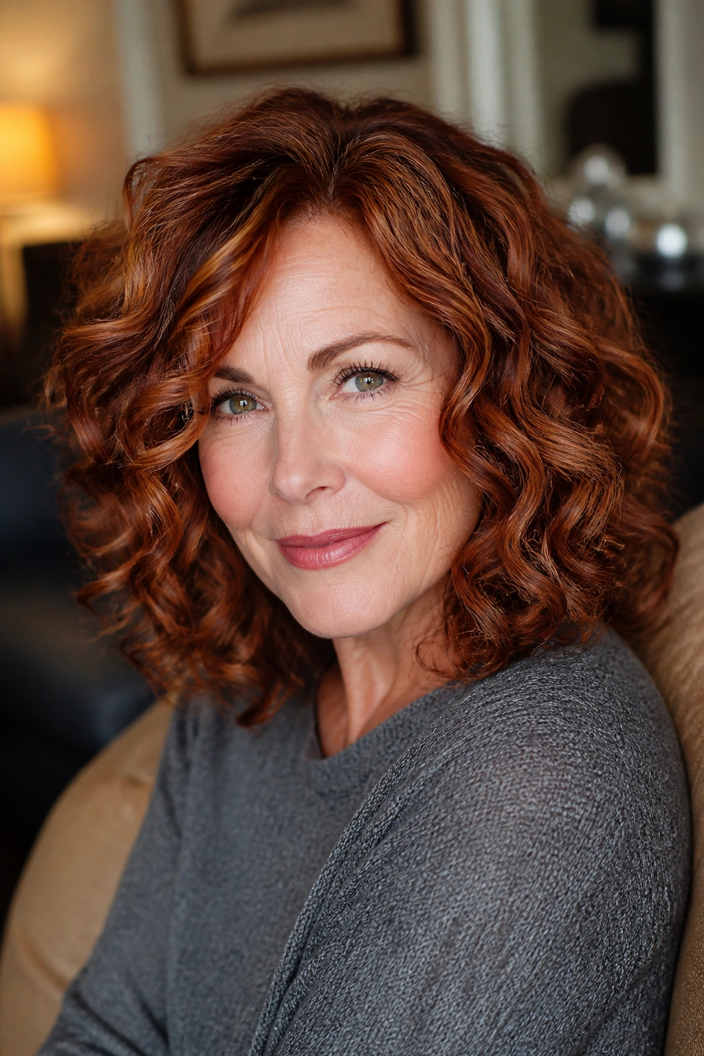 Close-up portrait of a real woman with smoky copper curls in warm natural light