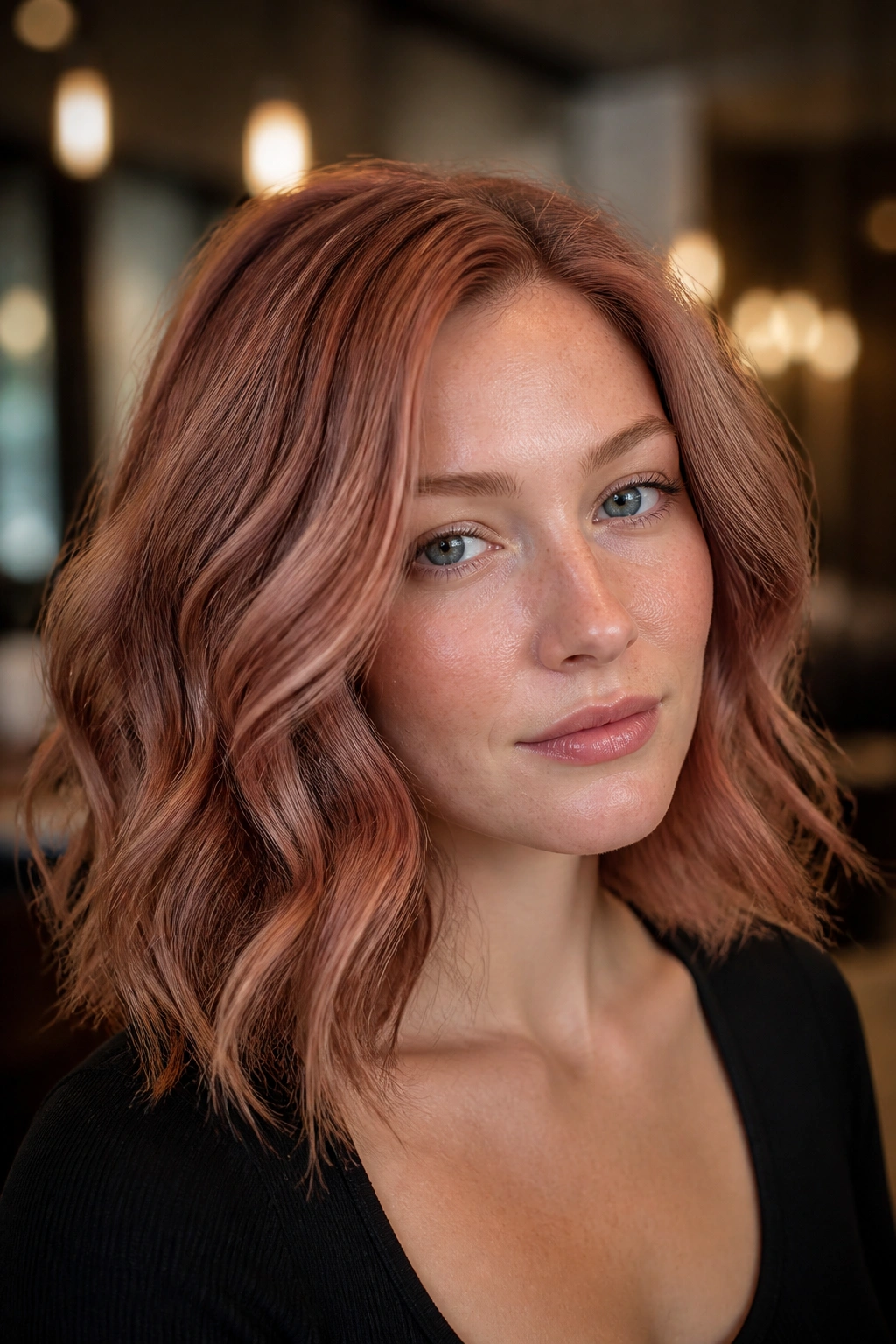 Portrait of a person with smoky copper hair and muted brown-taupe undertones