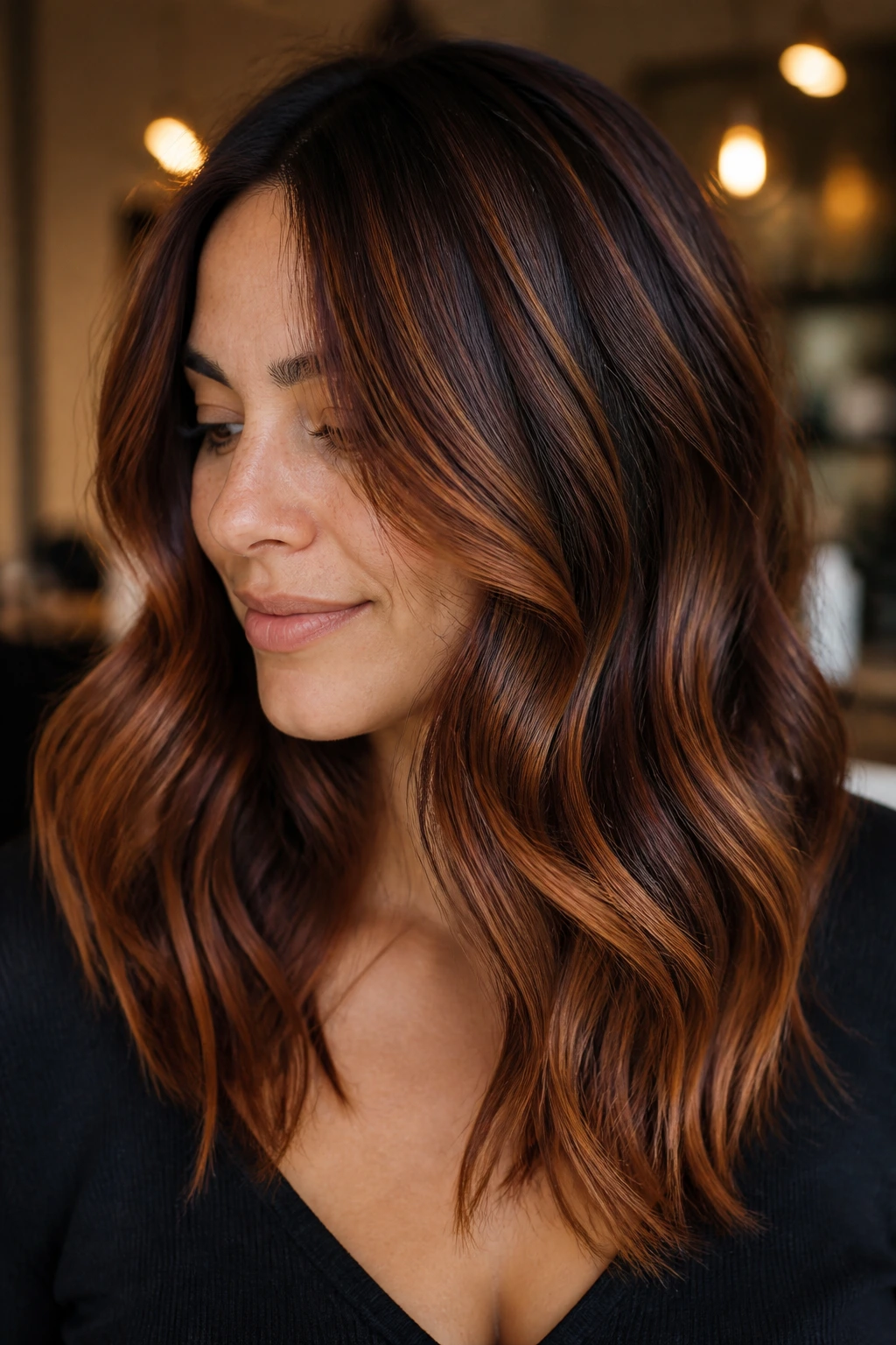 Real woman with brown hair showing smoky copper lowlights and balayage highlights.