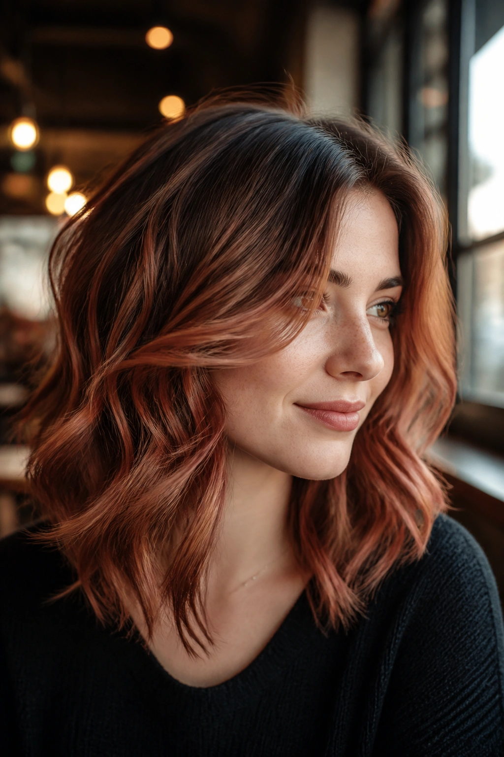 Close-up portrait of hair with smoky copper and mushroom brown roots on a real person
