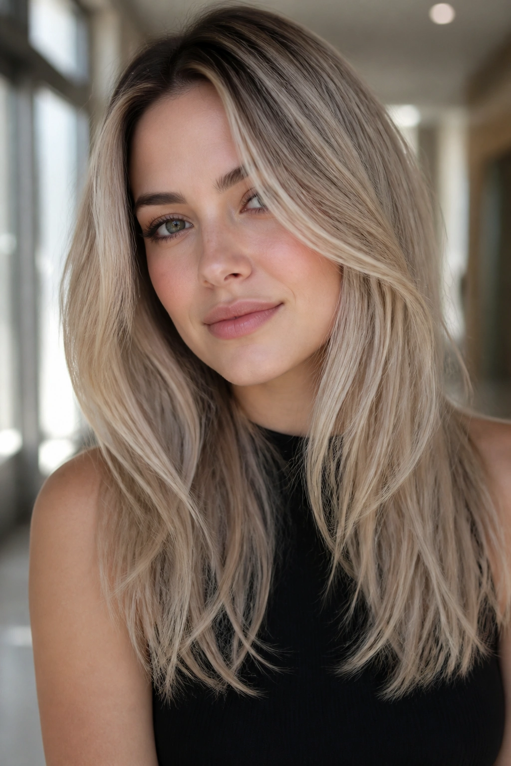 Portrait of a real woman with smoky cream ash blonde long layers.