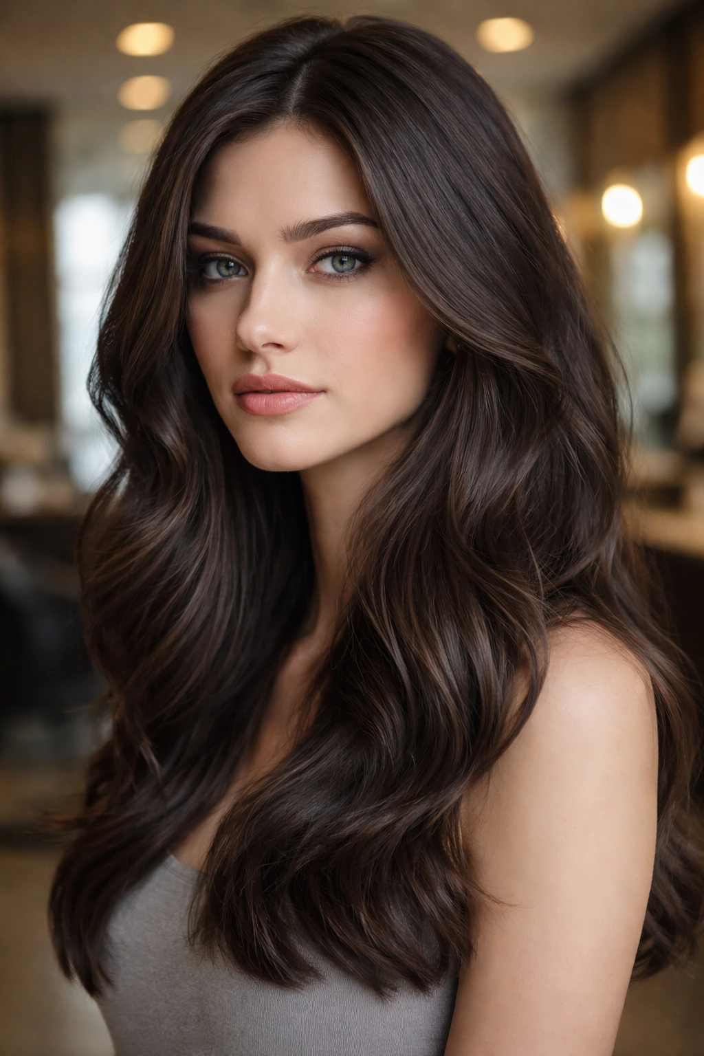 Close-up of a real person with smoky dark brown hair in a cool matte finish