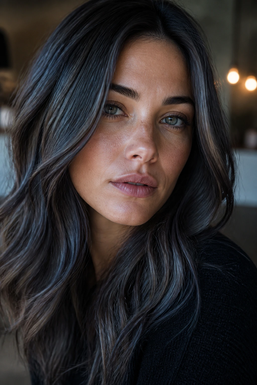 Portrait of a woman with smoky denim brunette hair and blue-gray glaze.