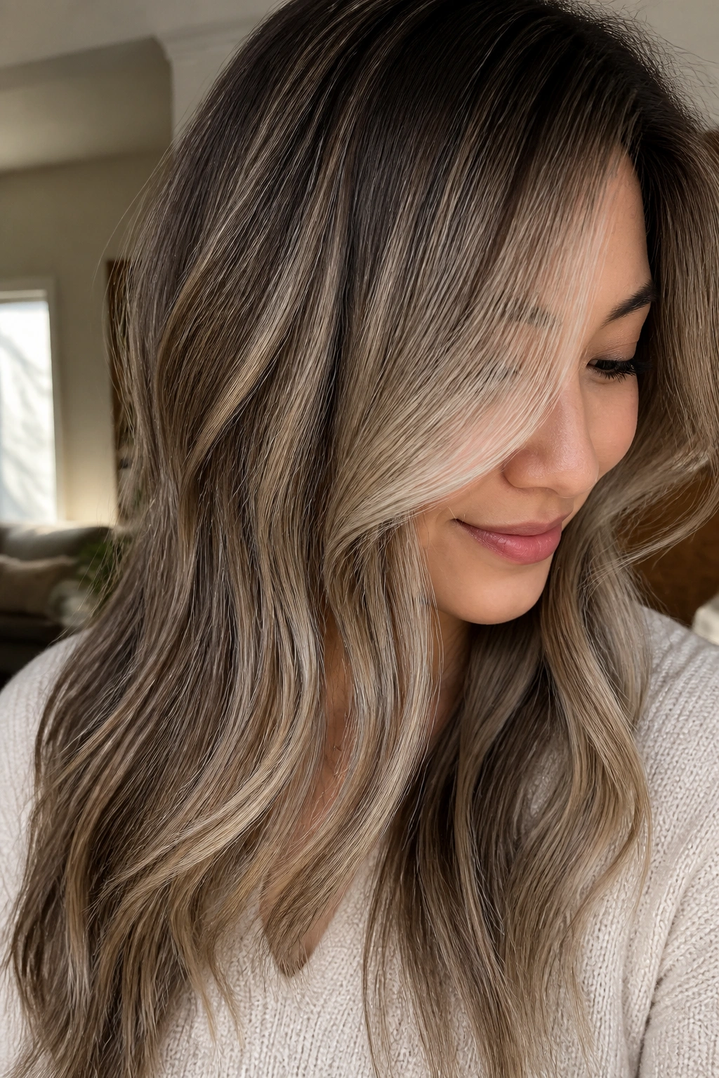 Portrait of a real person showing smoky dimension with hidden lowlights in ash blonde balayage.