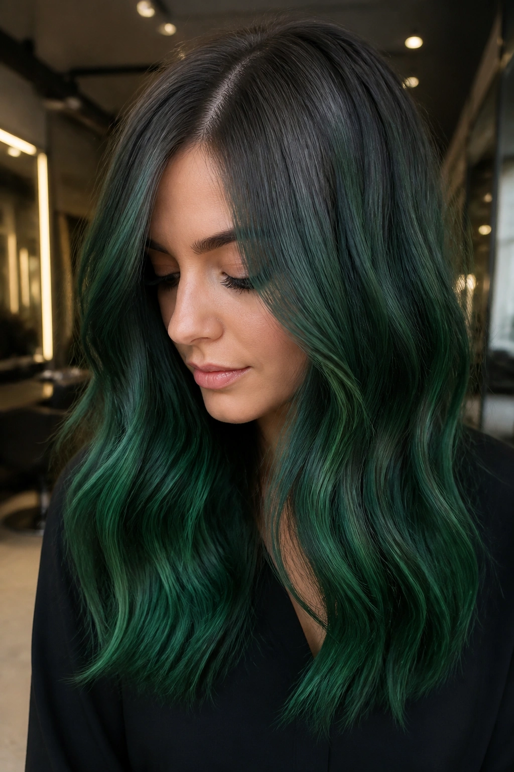 Close-up of a real person with smoky emerald hair and ash root melt.