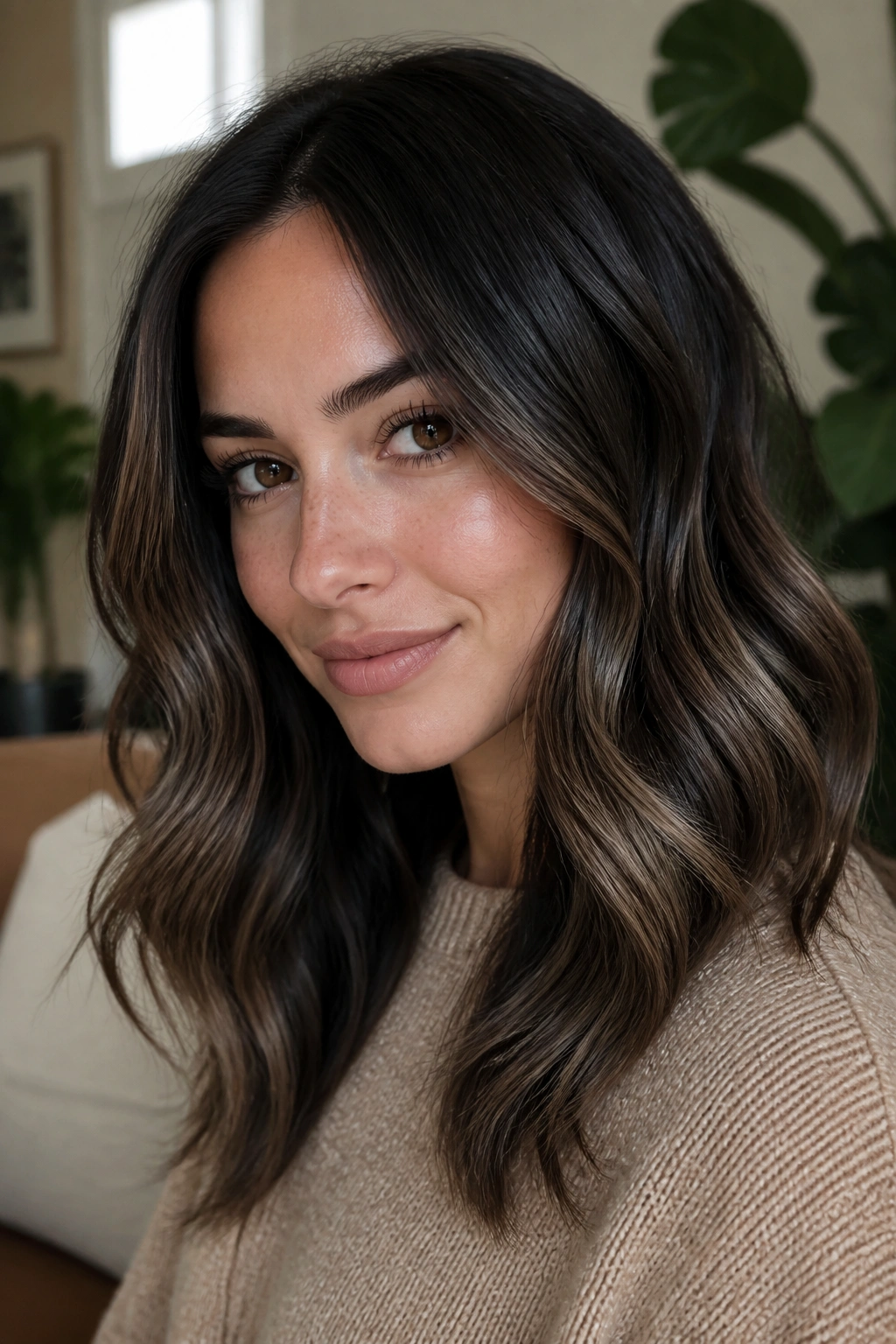Close-up portrait of a real person with smoky espresso balayage featuring cool taupe ribbons