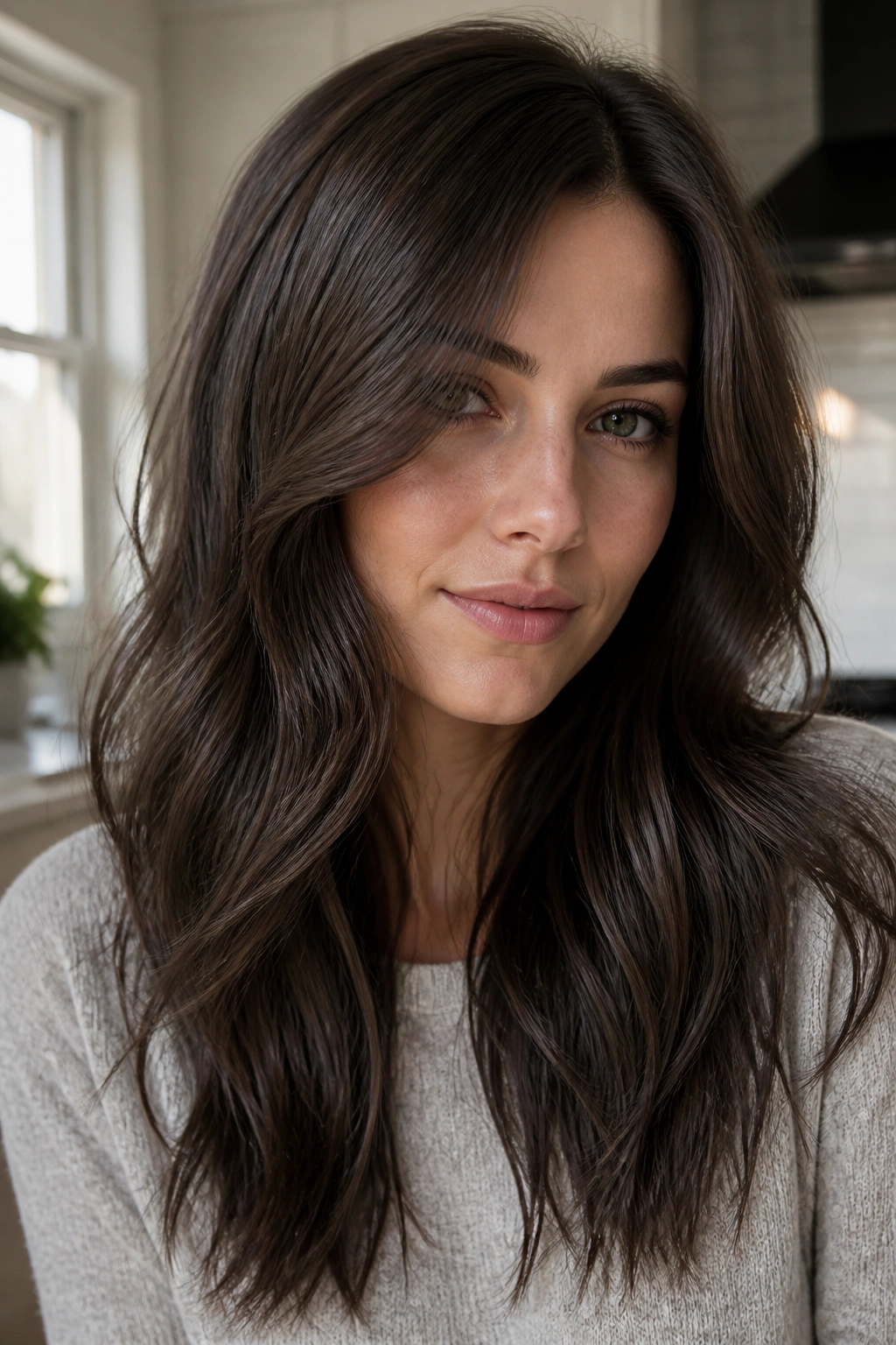 Portrait of a woman with smoky espresso brown hair in a bright kitchen