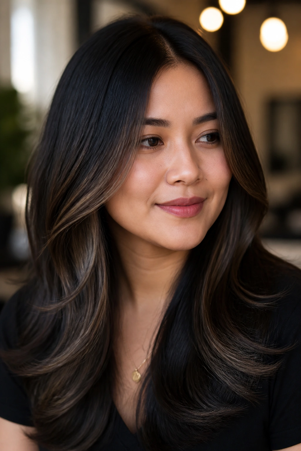 Close-up portrait of smoky espresso melt hair color on a real woman in warm window light