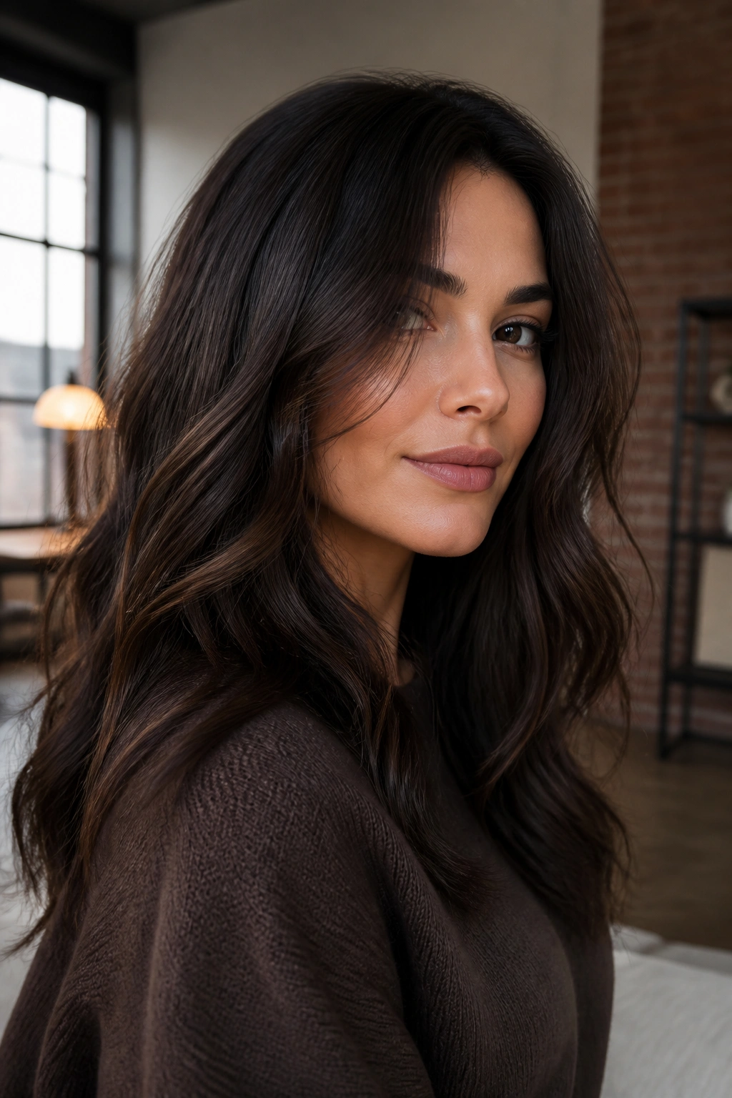 Close-up portrait of a real woman with smoky espresso mocha for deeper contrast