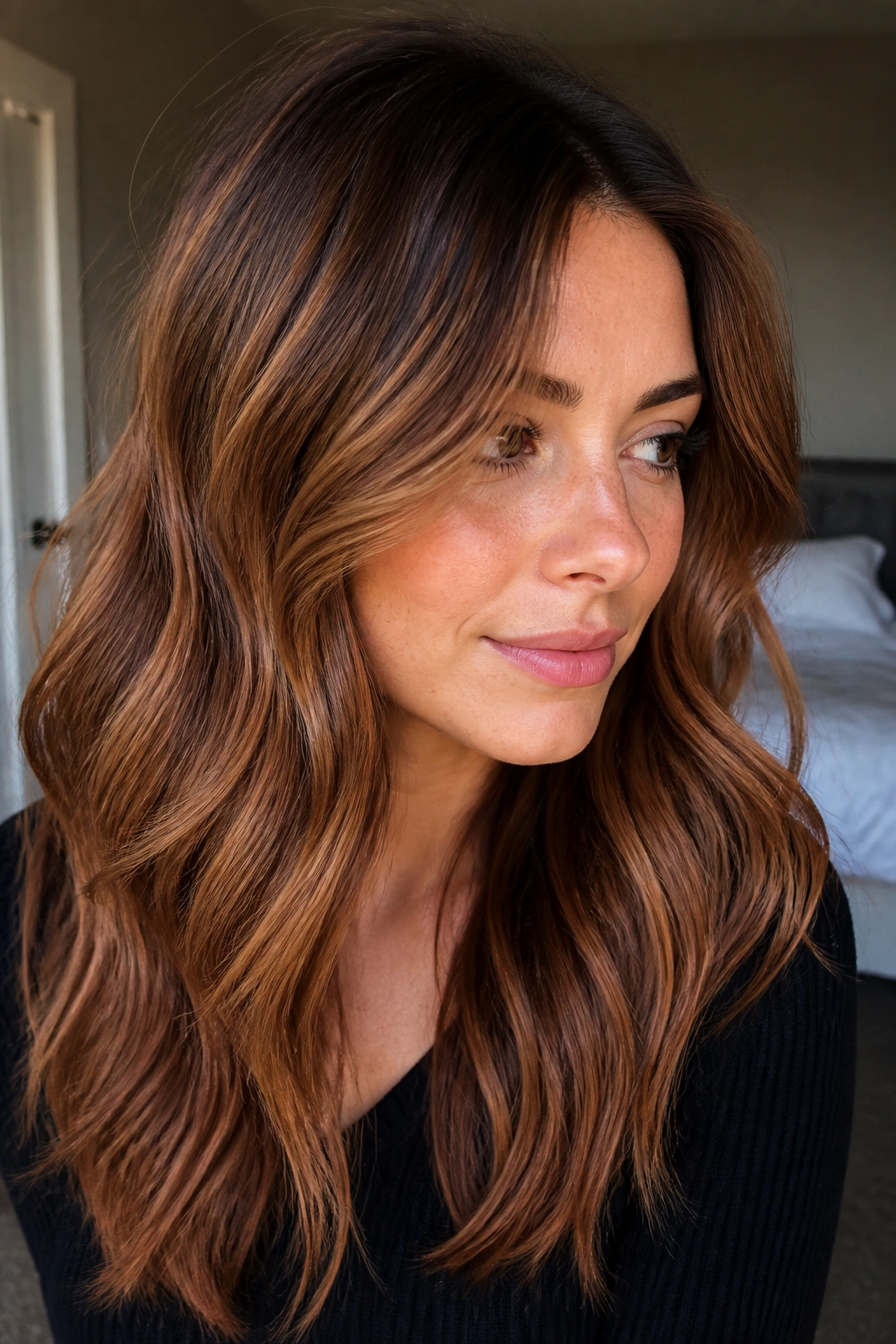 Close-up portrait of a real woman with smoky ginger brown hair and a root shadow