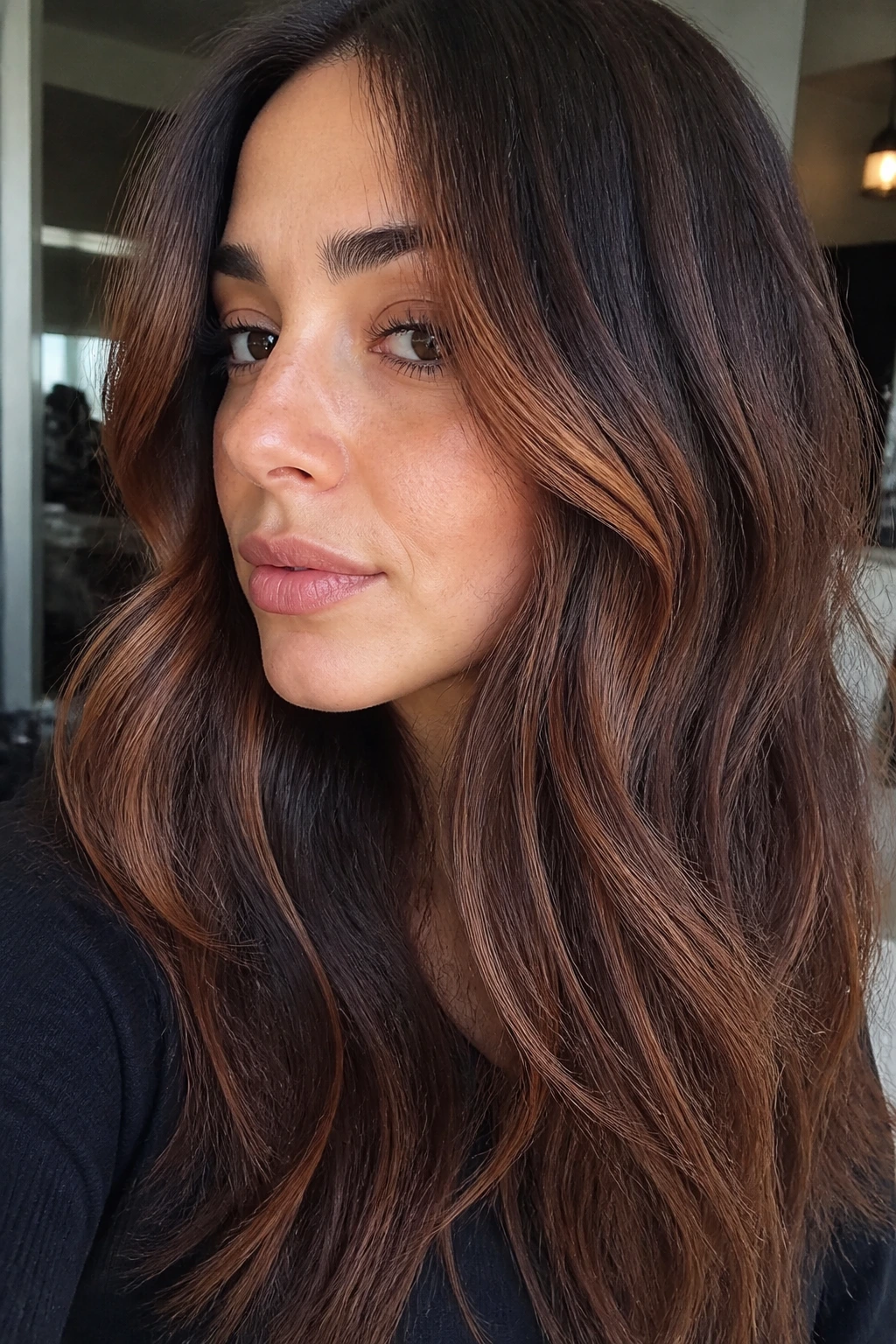Close-up of cool-brown hair with smoky ginger highlights for muted warmth.