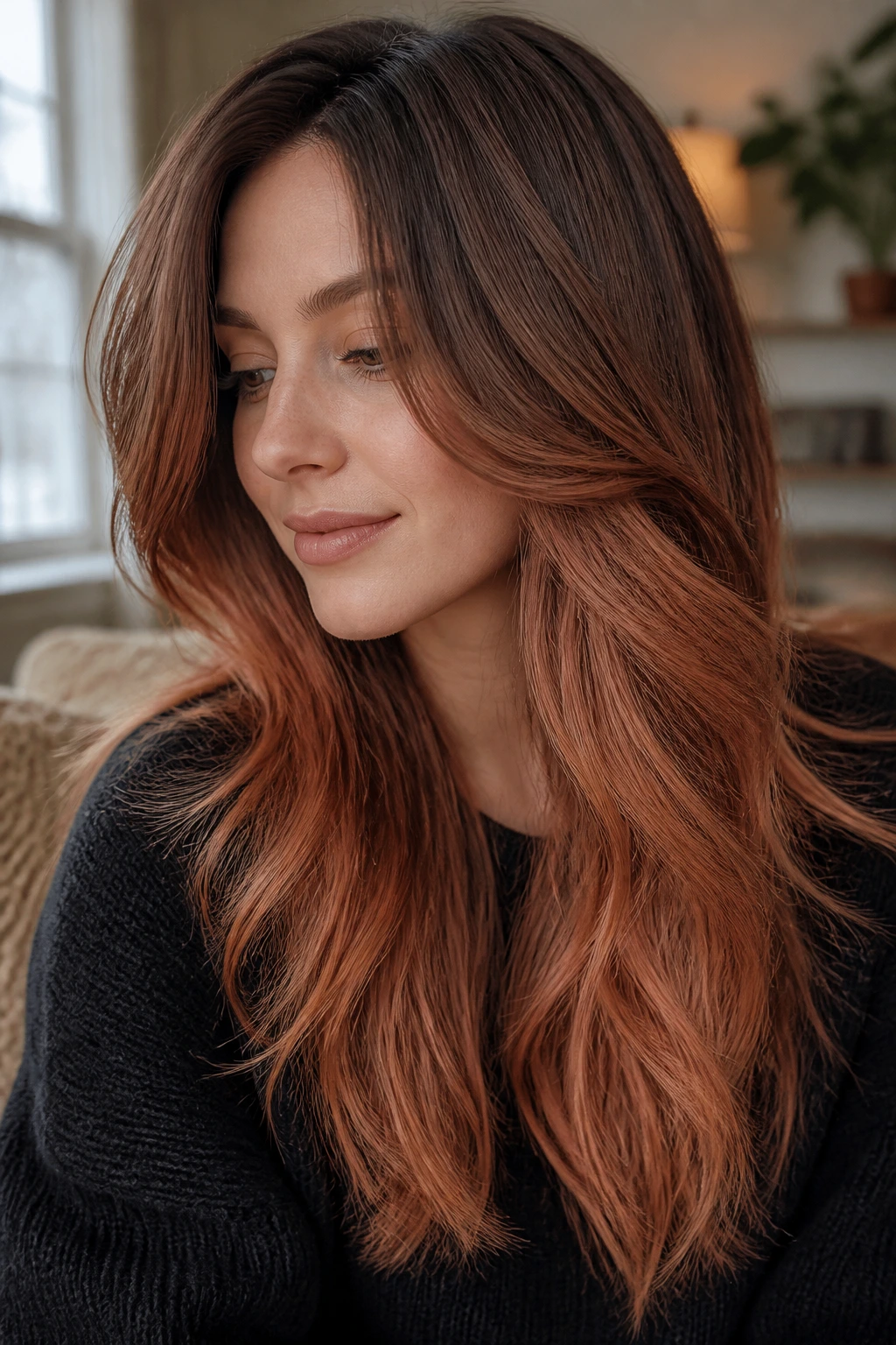 Close-up of a real woman's long layered hair in smoky ginger ombre with ash roots to copper ends under warm light