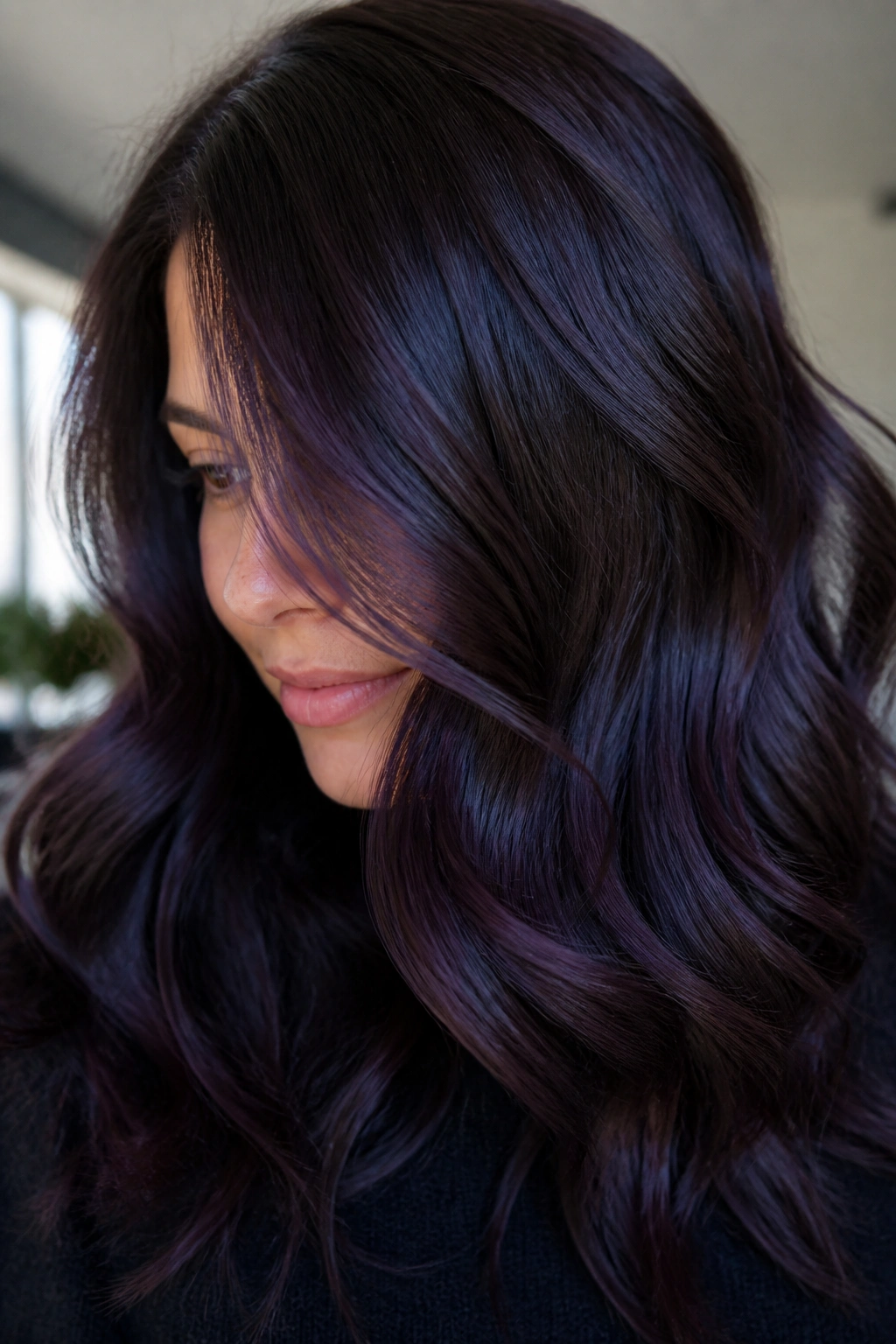 Close-up of Smoky Grape Brunette hair on a real person.
