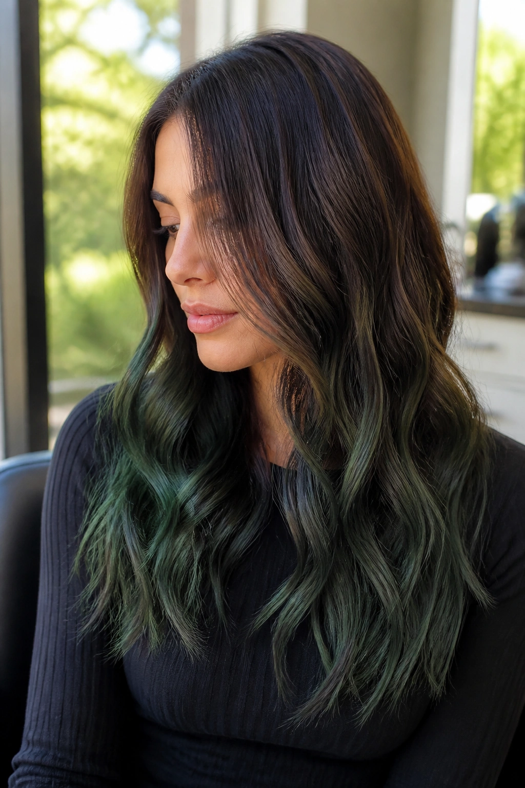 Close-up brunette with smoky hunter green balayage on brown hair