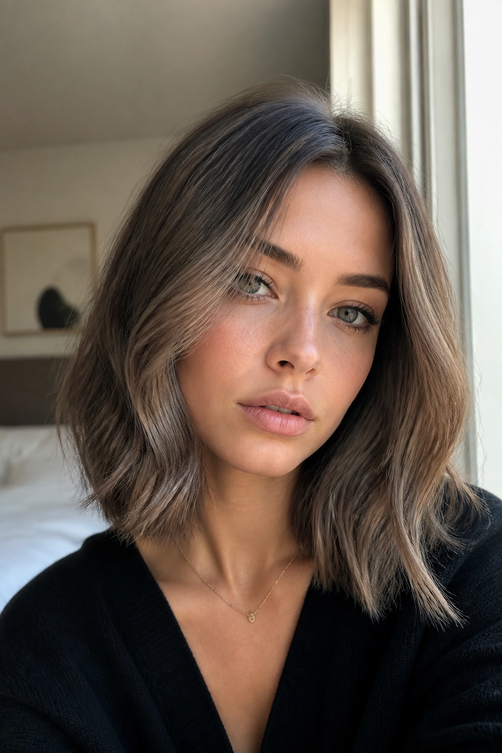Close-up portrait of a woman with smoky hazelnut hair on cool skin tone.