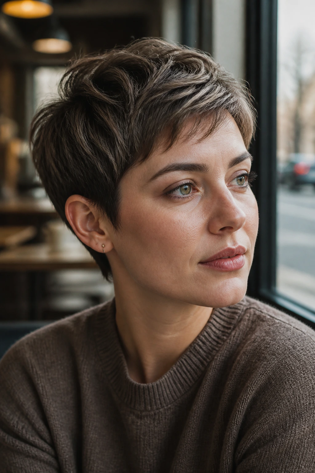 Portrait of a real woman with smoky hazelnut pixie hairstyle