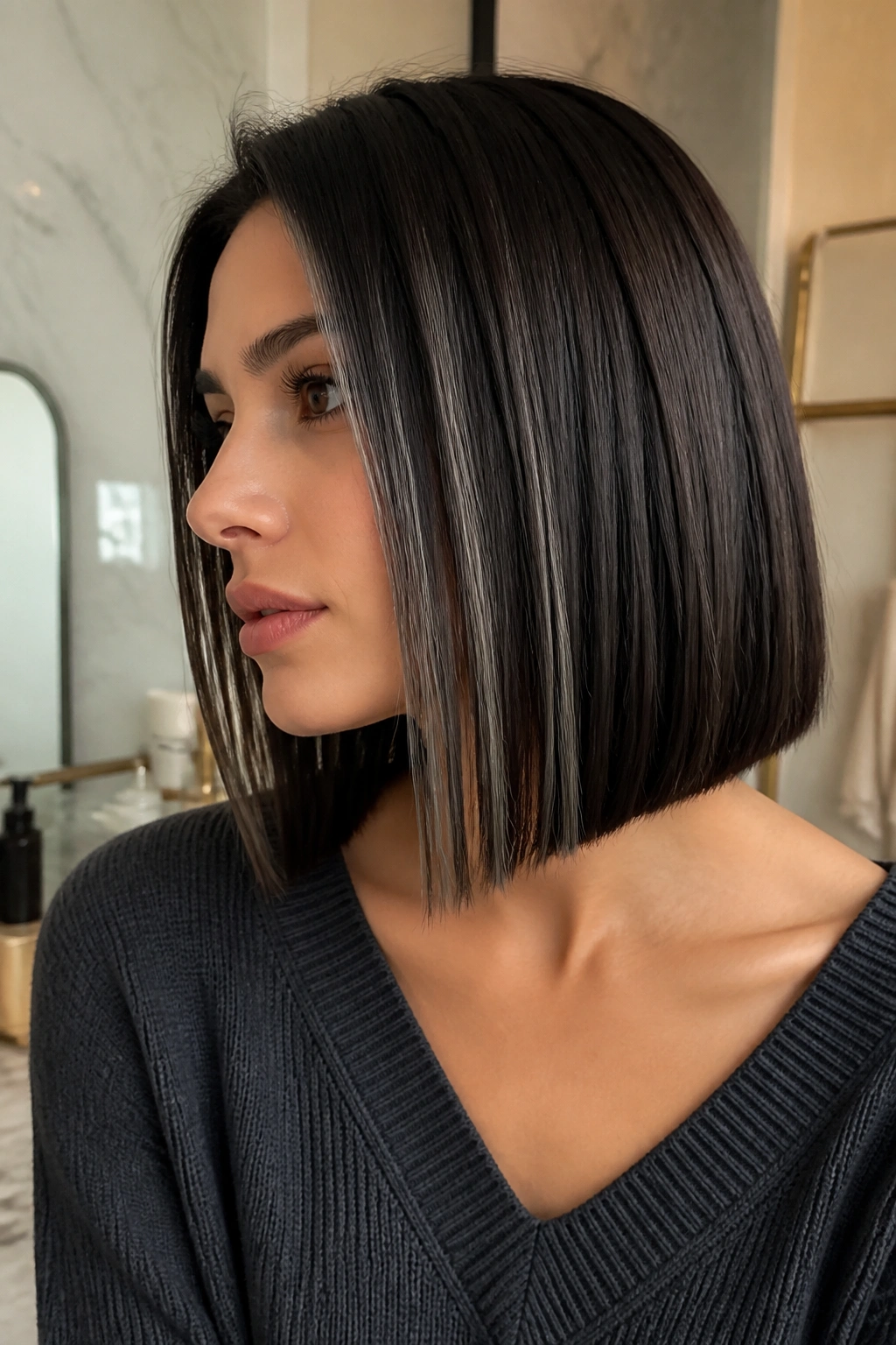 Close-up of shoulder-length blunt-cut hair with smoky gray highlights along the edge