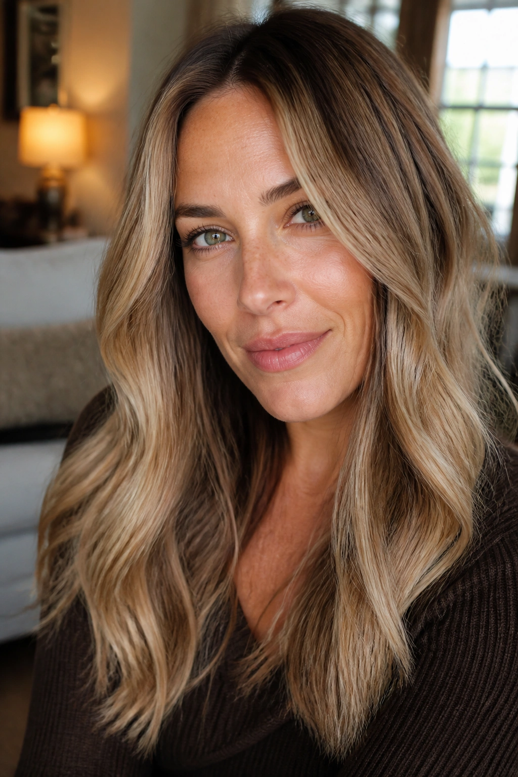 Portrait of a real woman with smoky honey blonde and depth at the ends.