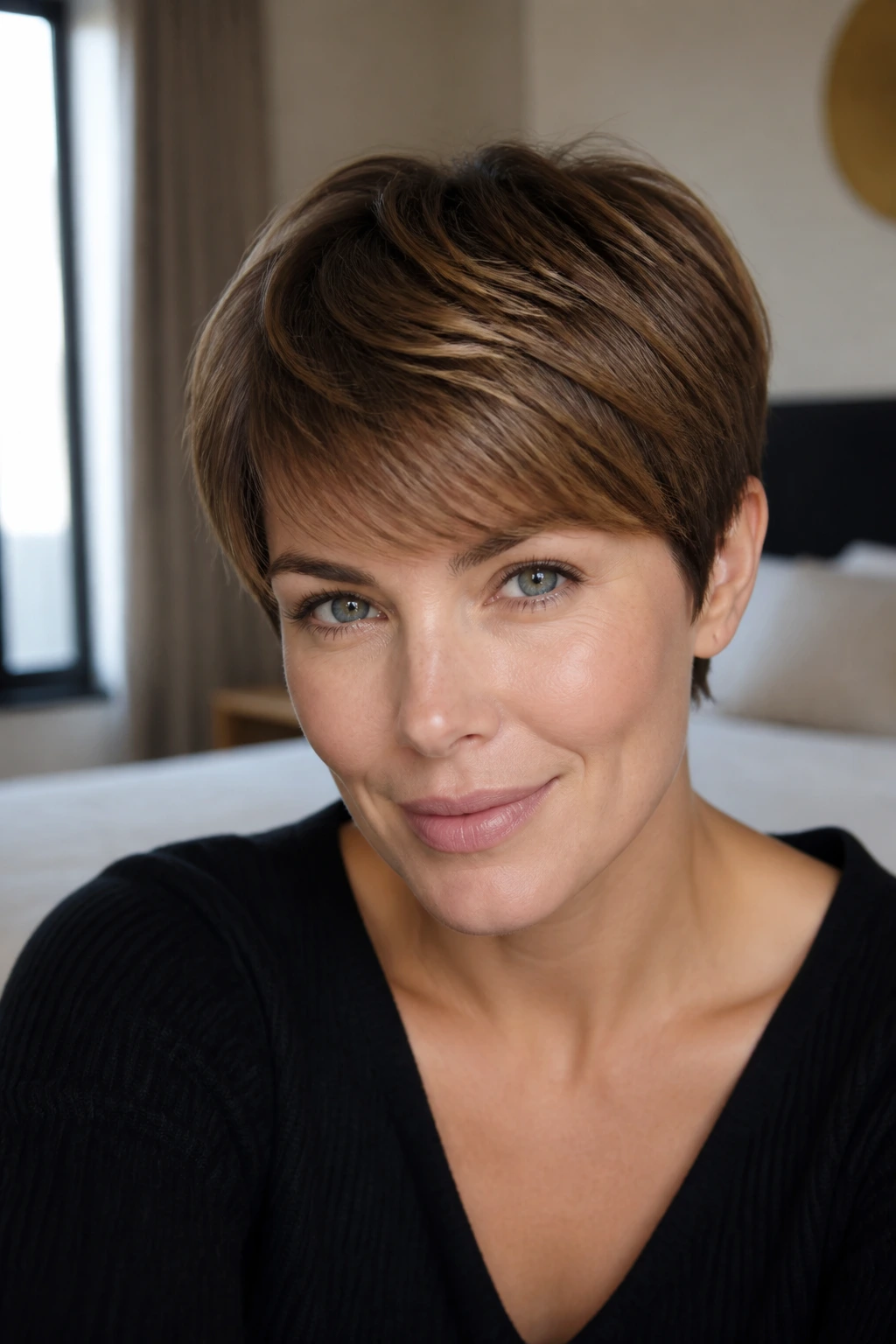 Portrait of a real woman with smoky honey brown pixie showing subtle honey accents.
