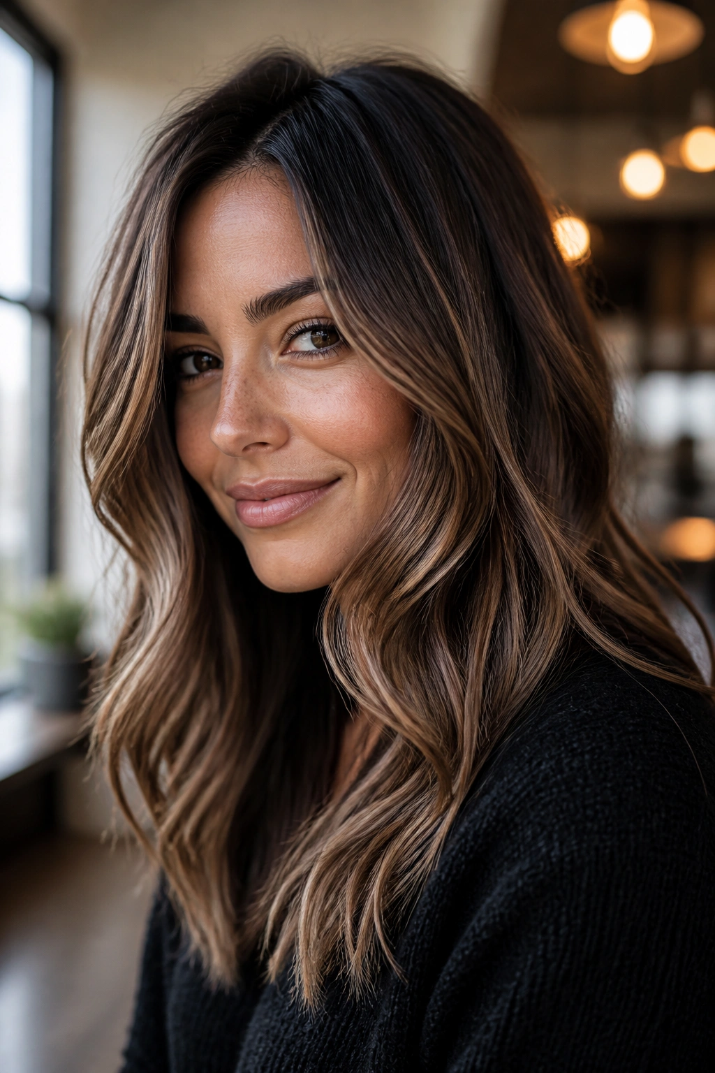 Close-up of real woman with smoky honey brunette and soft contrast under natural light.