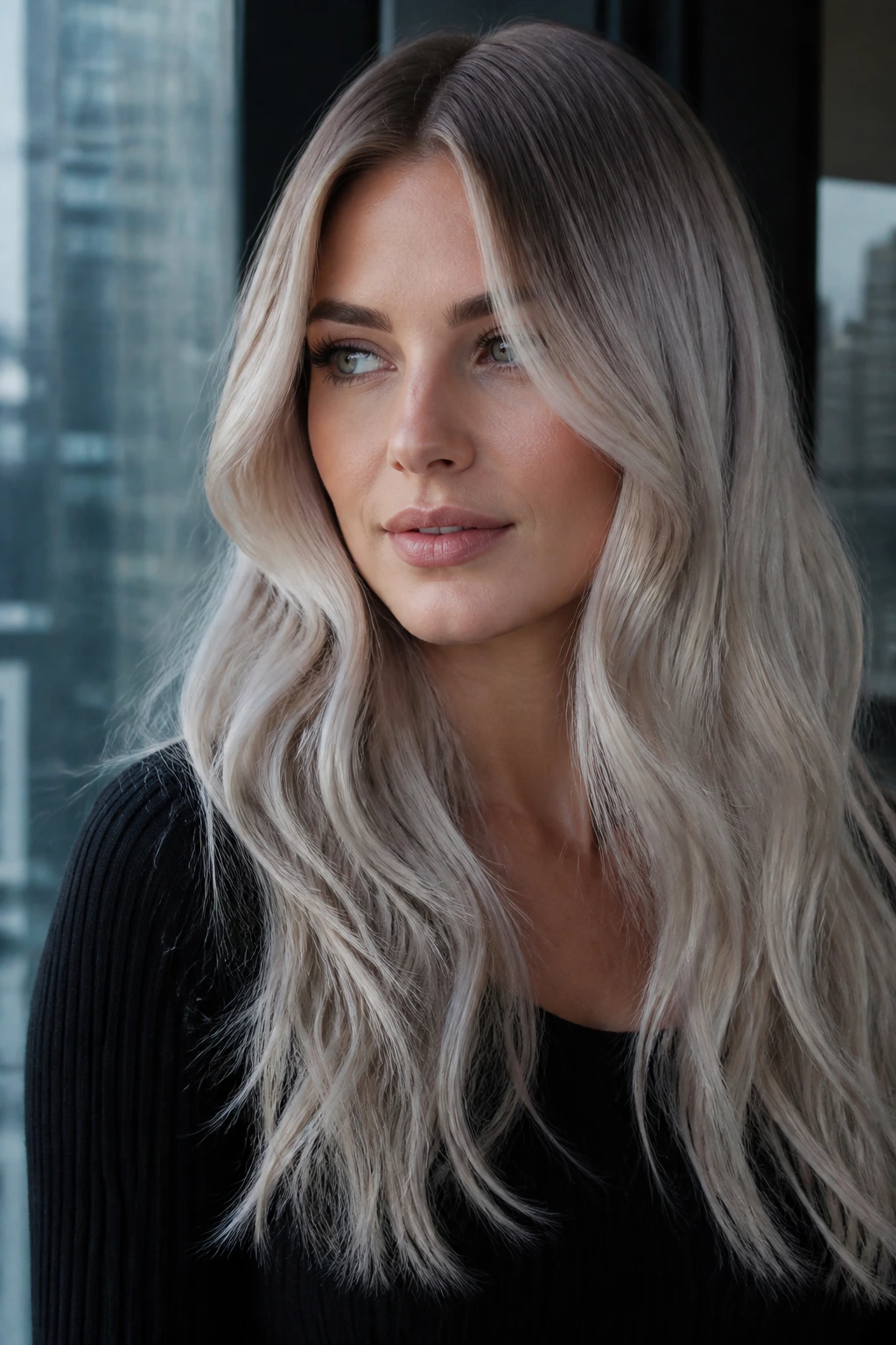 Close-up portrait of a real woman with smoky ice blonde and dark root