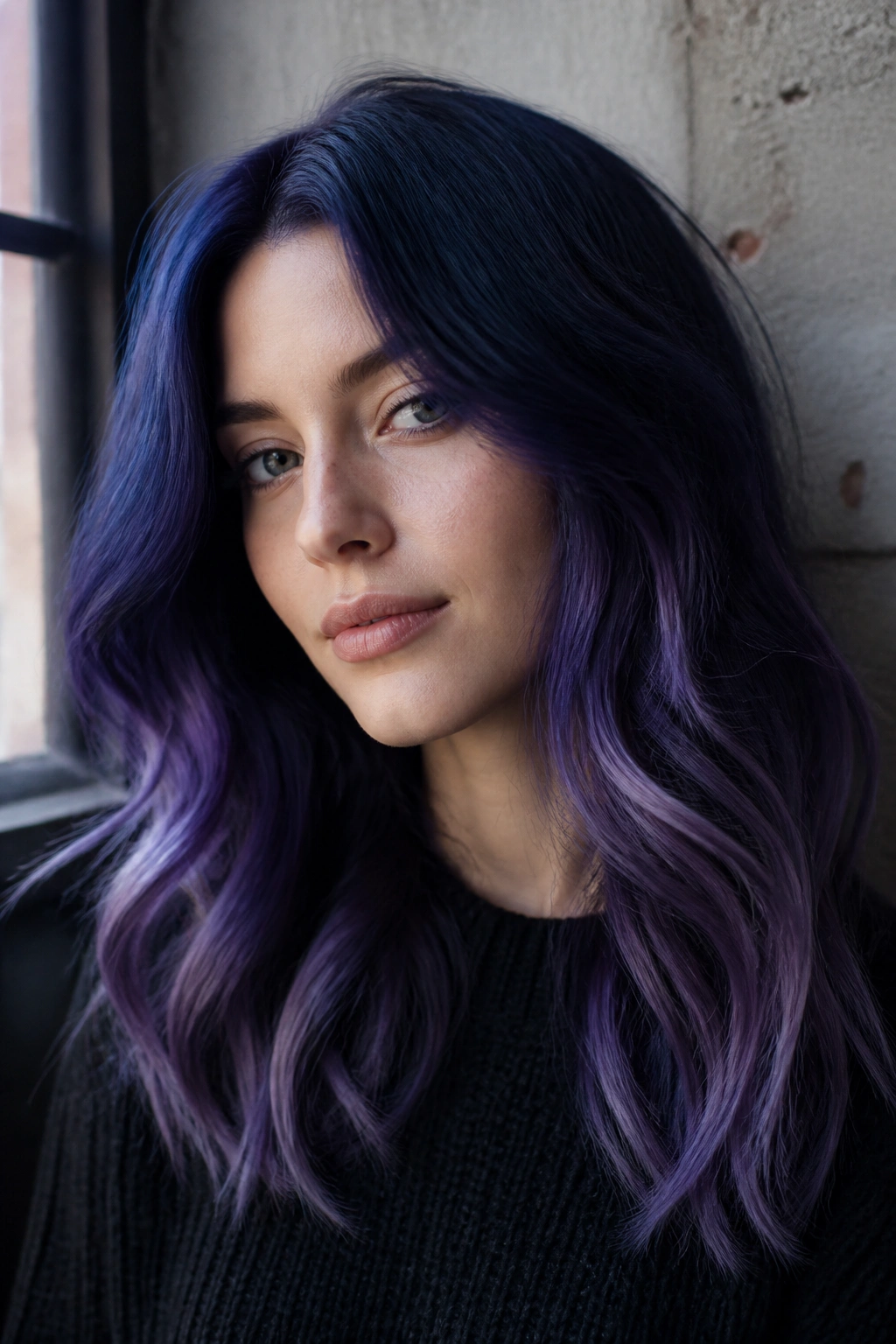 Close-up of a real person's face with smoky indigo hair gradient from blue to violet