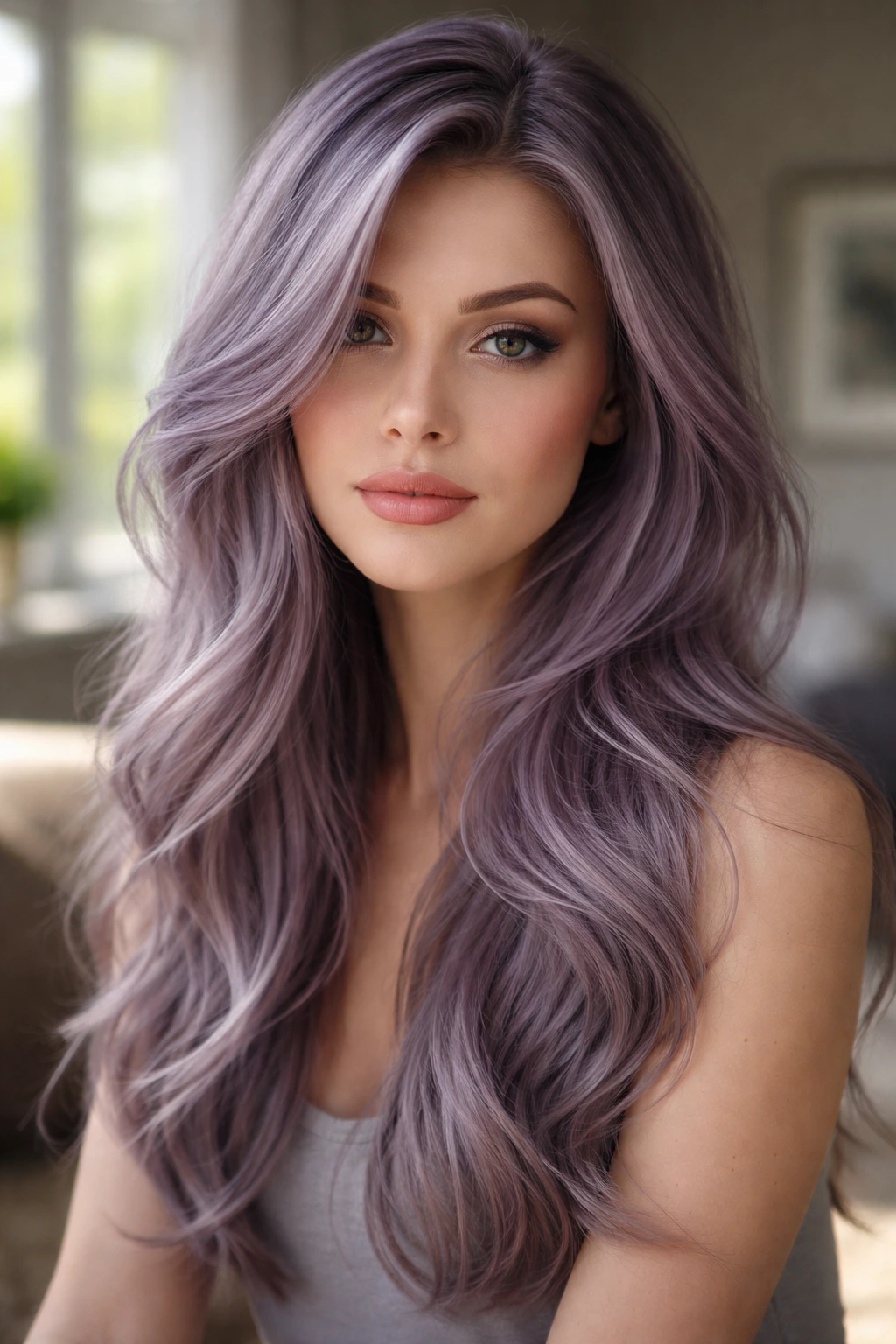 Close-up portrait of a real woman with smoky lavender-ash hair in natural daylight
