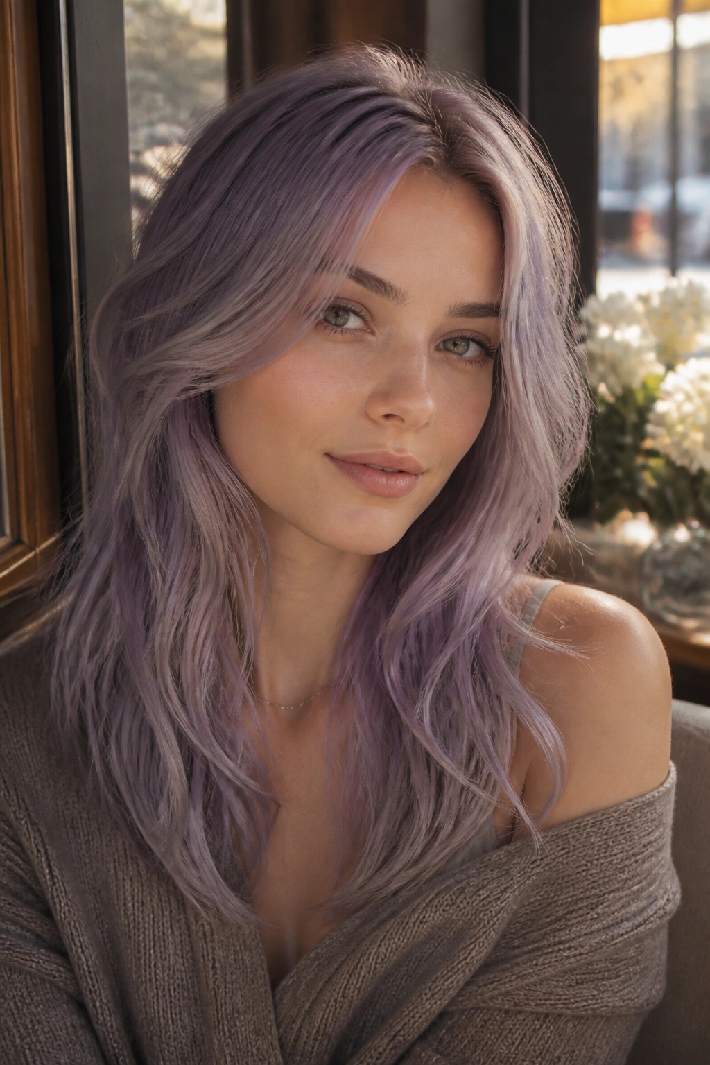 Portrait of a person with smoky lavender hair in a cafe setting