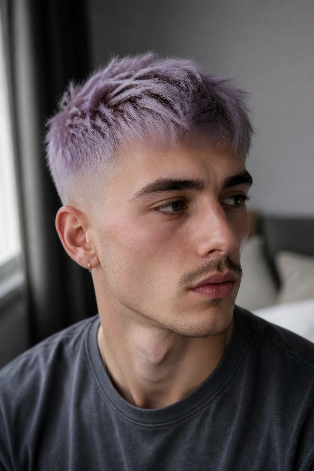 Close-up portrait of a man with smoky lavender hair on a pale base.