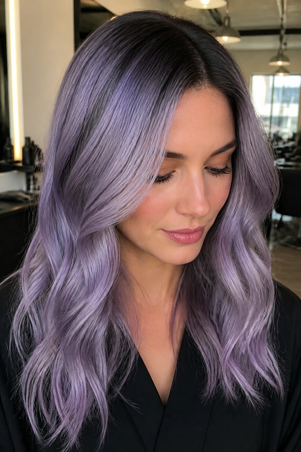 Real person with smoky lavender shadow root on cool skin, close-up portrait