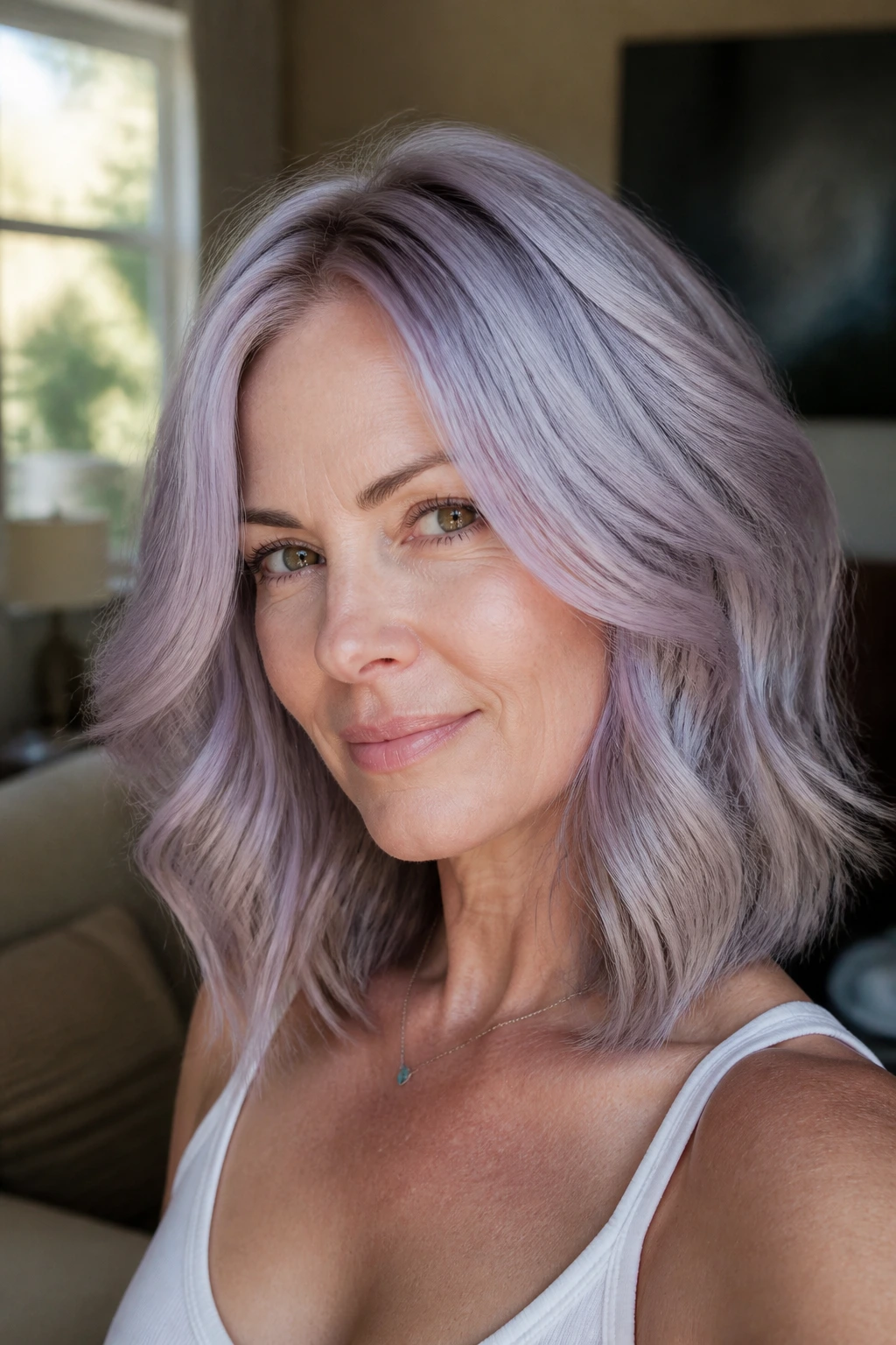 Close-up portrait of a real woman with smoky lavender silver hair by a sunlit window.