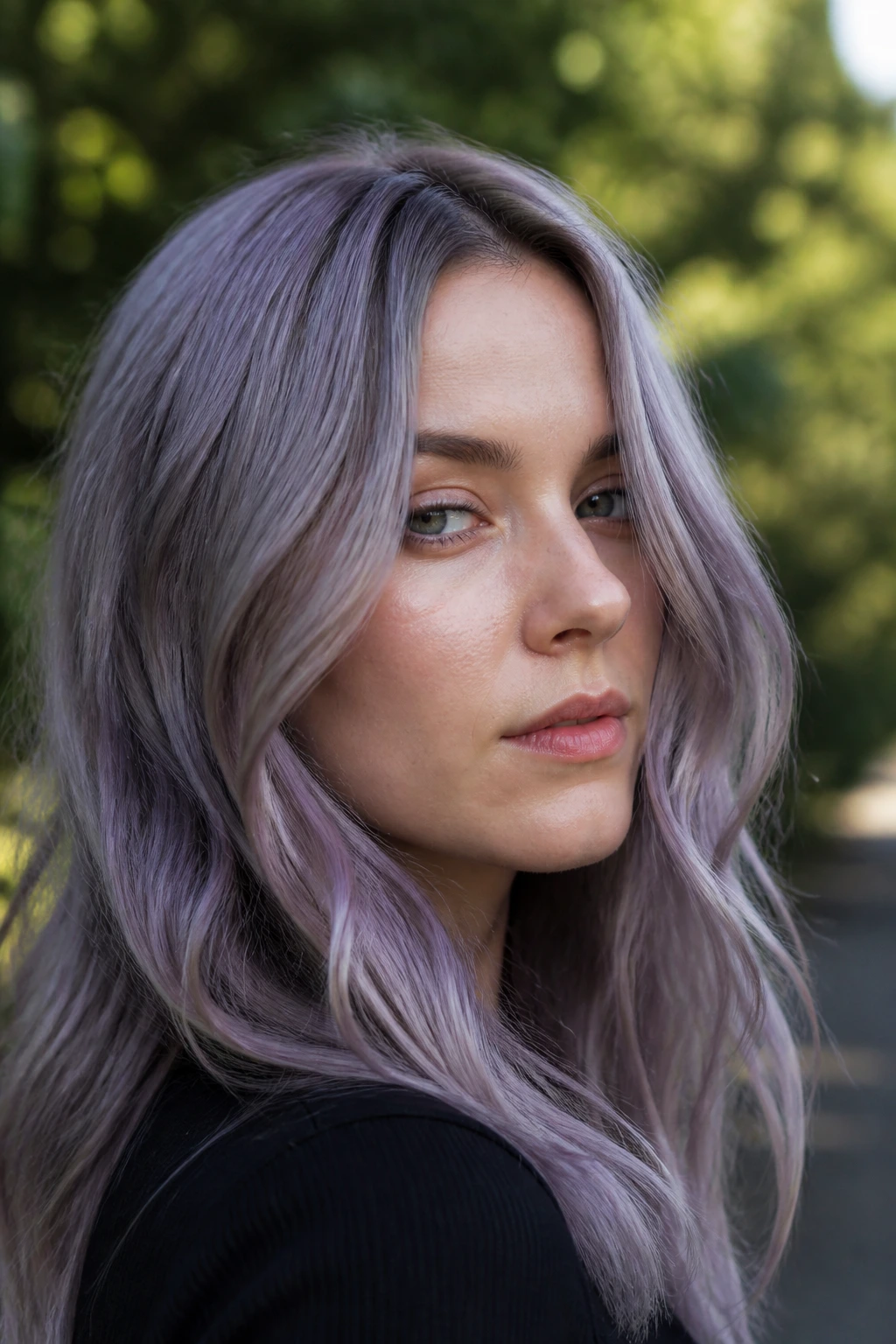 Real person with smoky lilac ash hair in natural light.