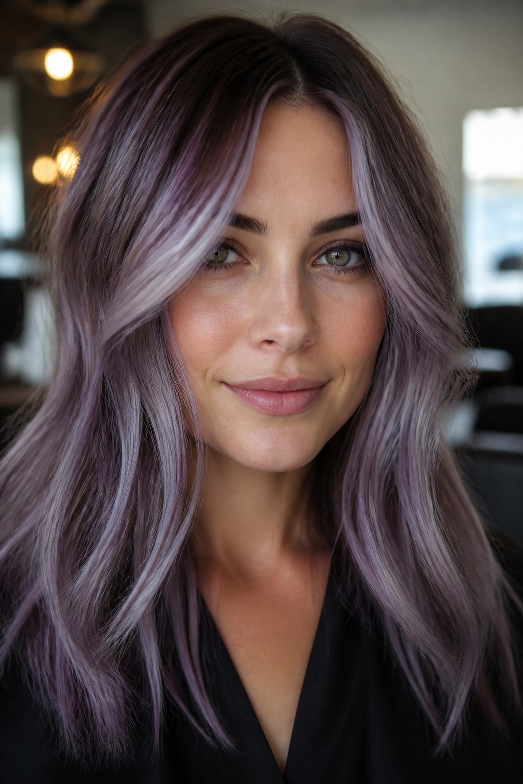 Portrait of a woman with smoky lilac balayage and cool undertones.