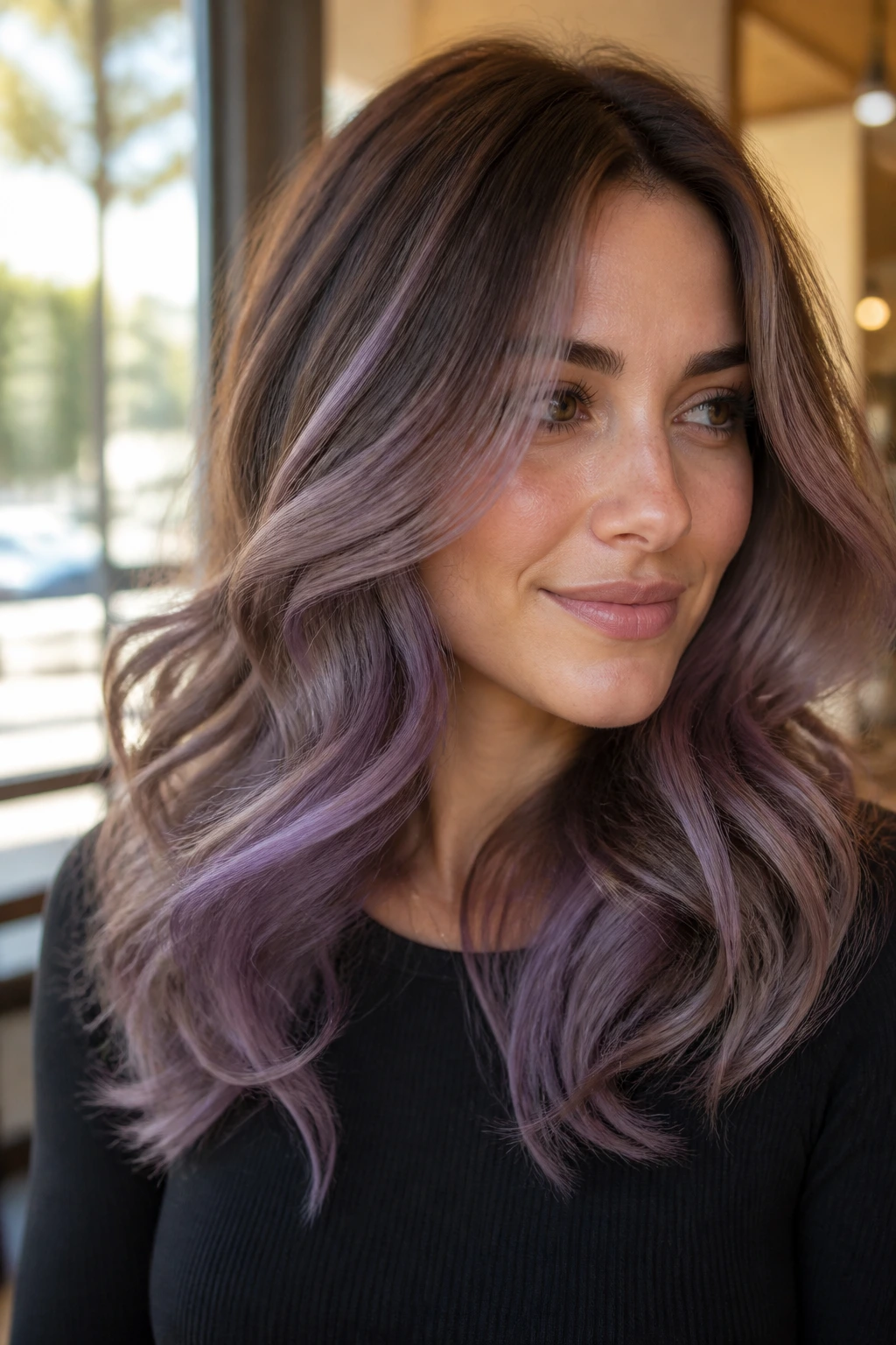 Close-up of smoky lilac balayage on medium brown hair on a real woman