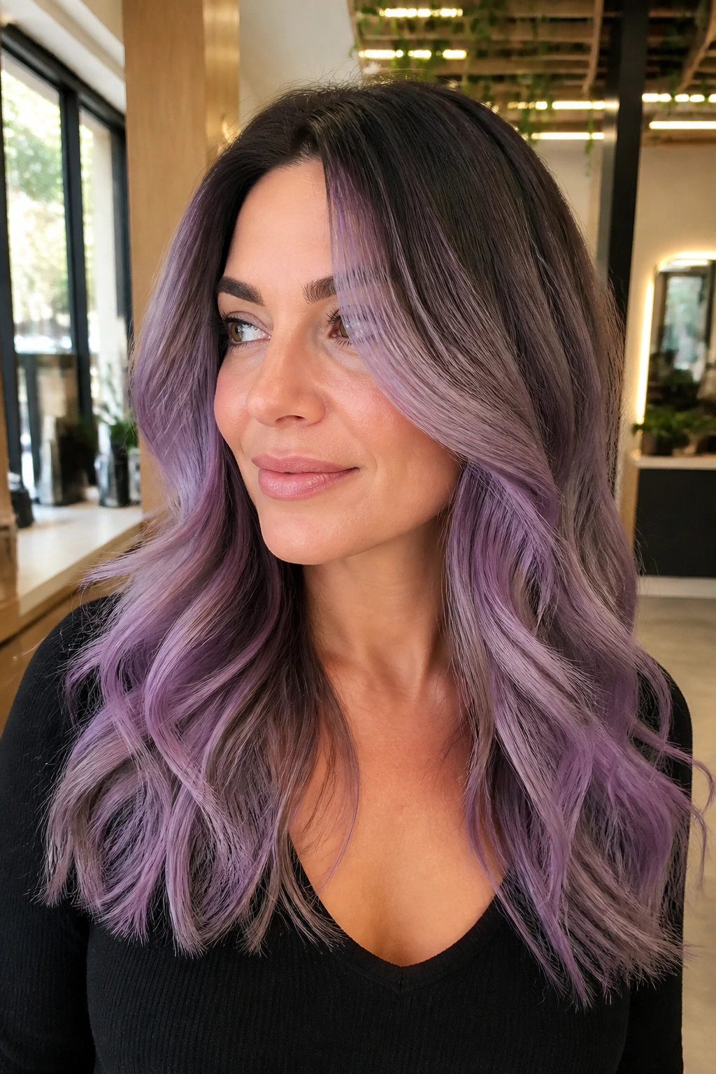 Close-up of a woman with smoky lilac balayage around the face