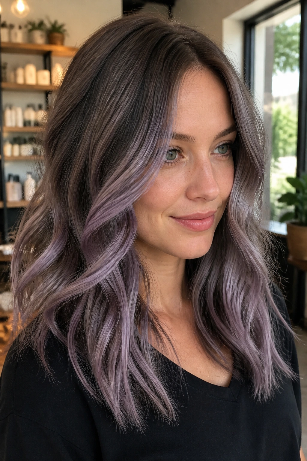 Portrait of a real person with mushroom brown hair featuring smoky lilac balayage ribbons