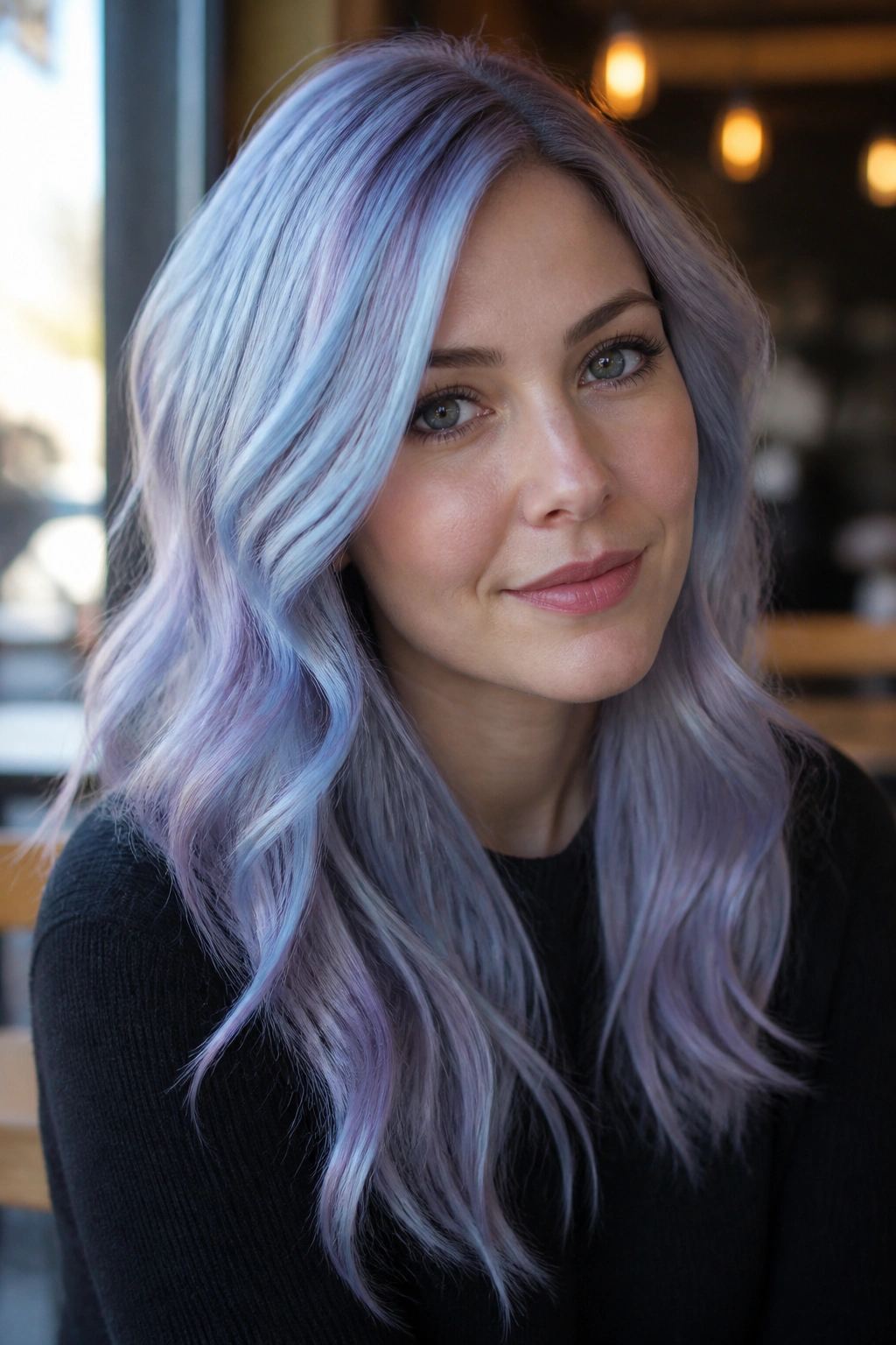 Close-up of a real woman with smoky lilac-blue hair that flatters cool skin tones.