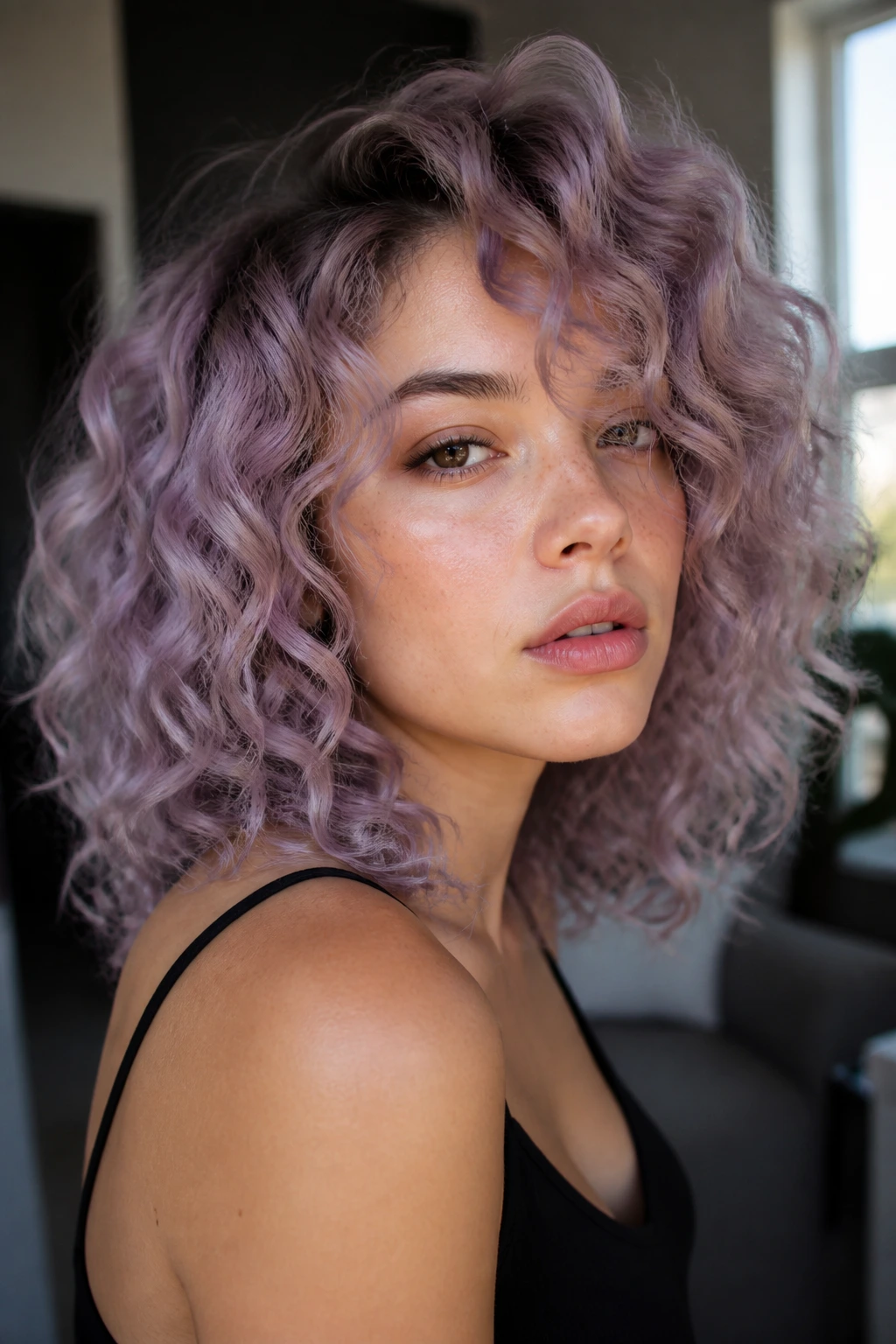 Close-up of curly hair in smoky lilac with a soft violet hue.