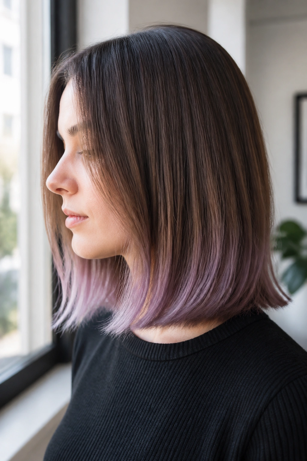 Close-up of a brown lob with smoky lilac ends visible at the tips