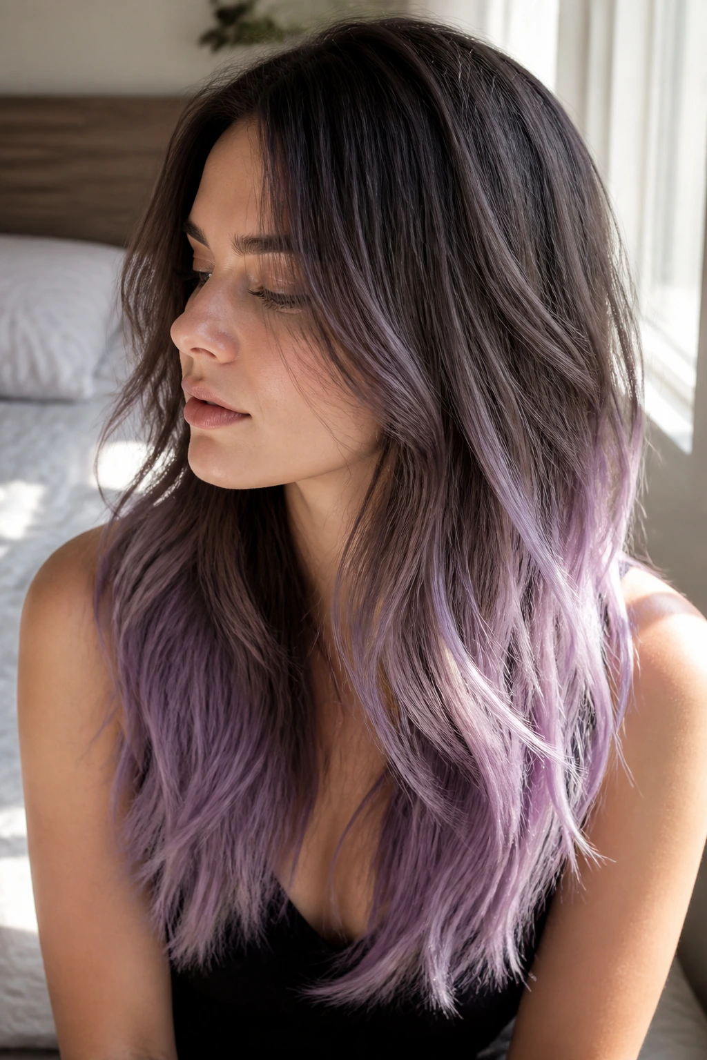 Real woman with smoky lilac ends hair close-up portrait