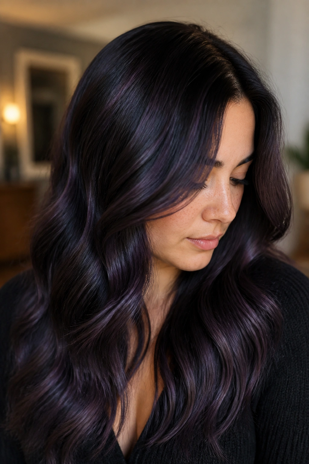 Close-up of a person with smoky lilac glaze on black hair