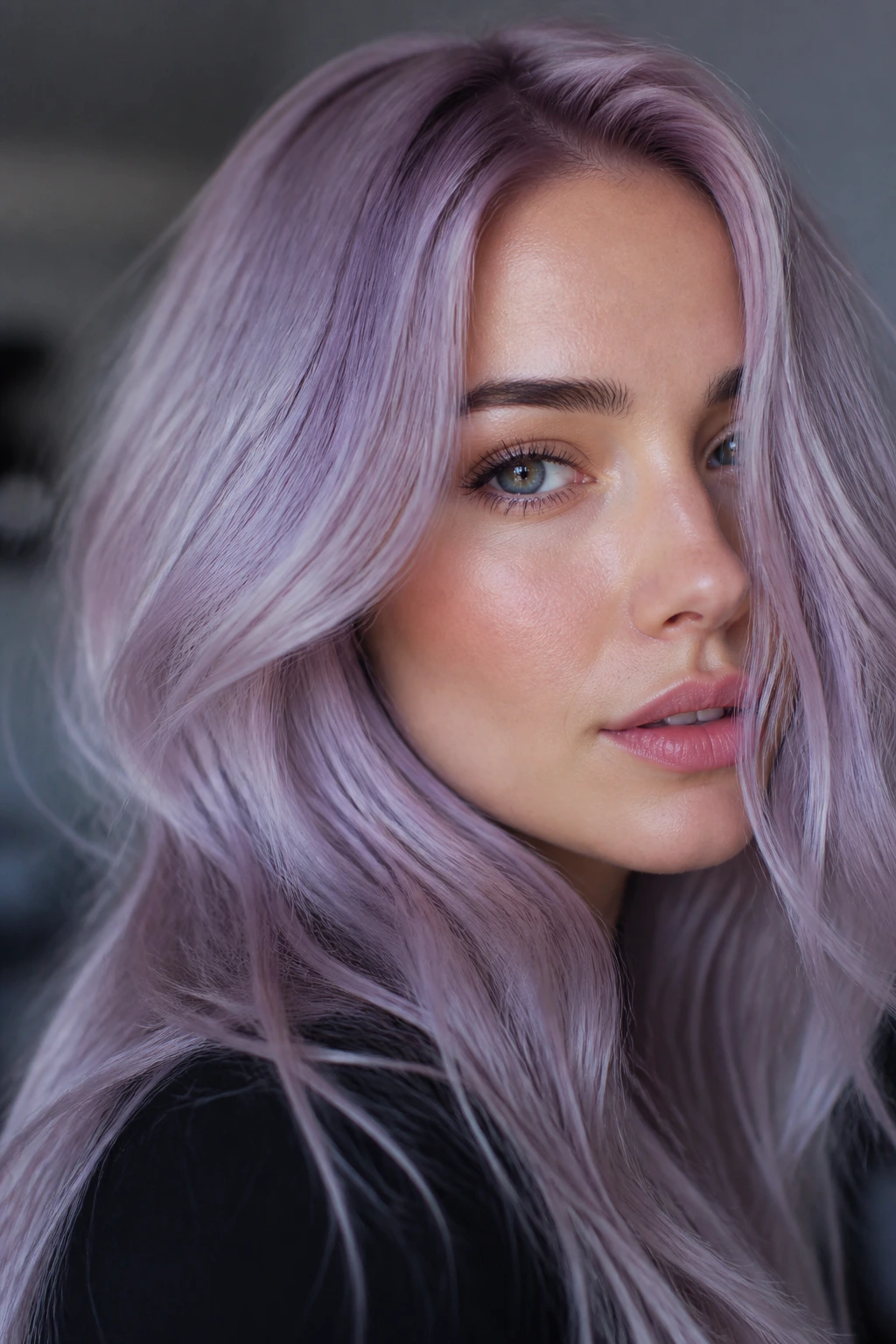 Portrait of a real person with smoky lilac hair in a moody studio.