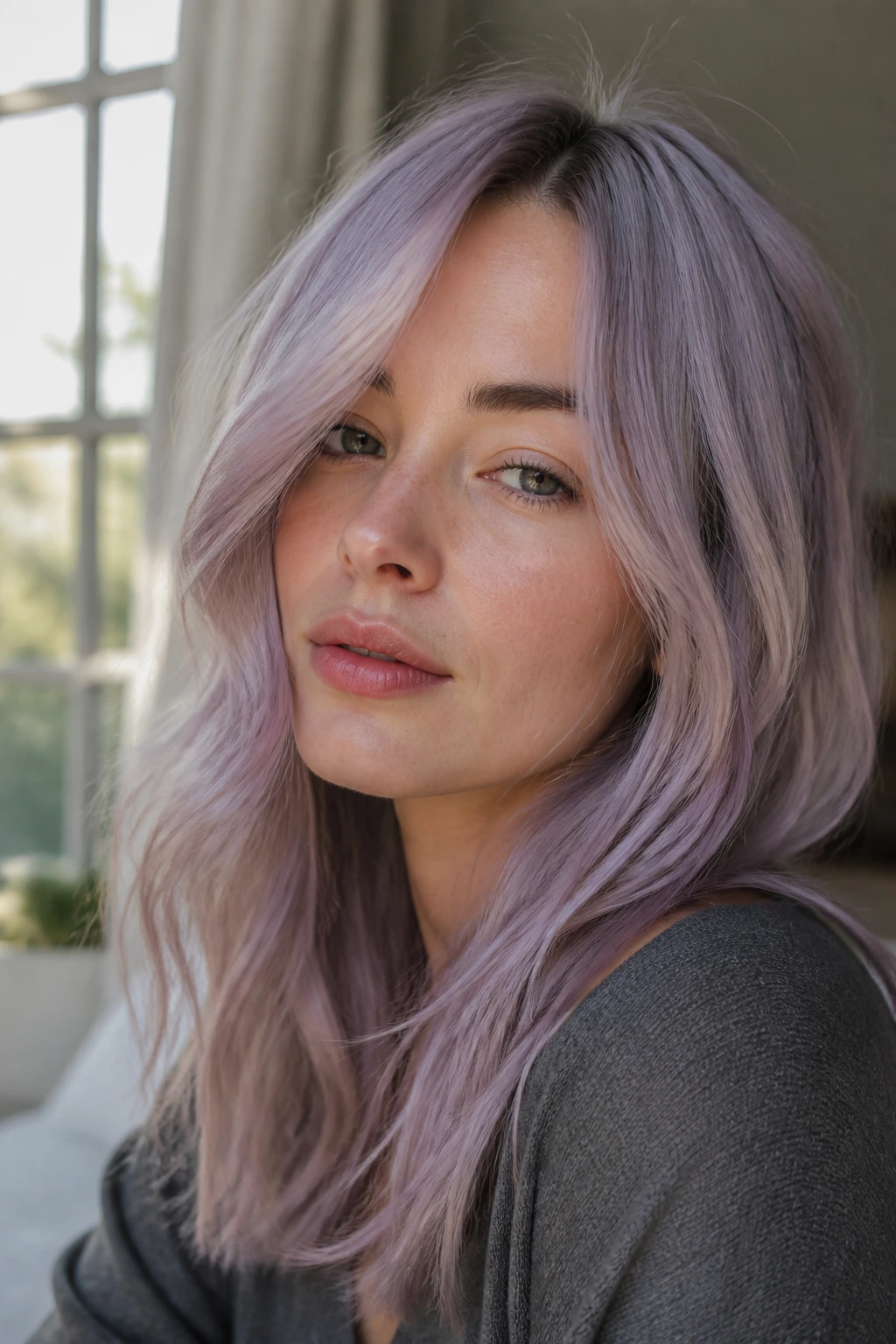 Close-up portrait of a real person with smoky lilac hair and cool skin in natural light