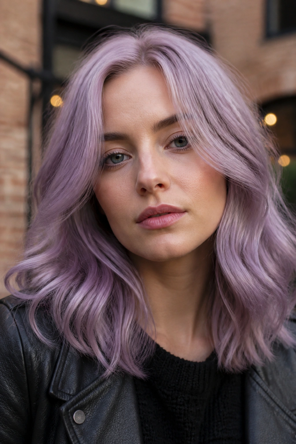 Close-up of a real woman with smoky lilac hair in mid-length waves.