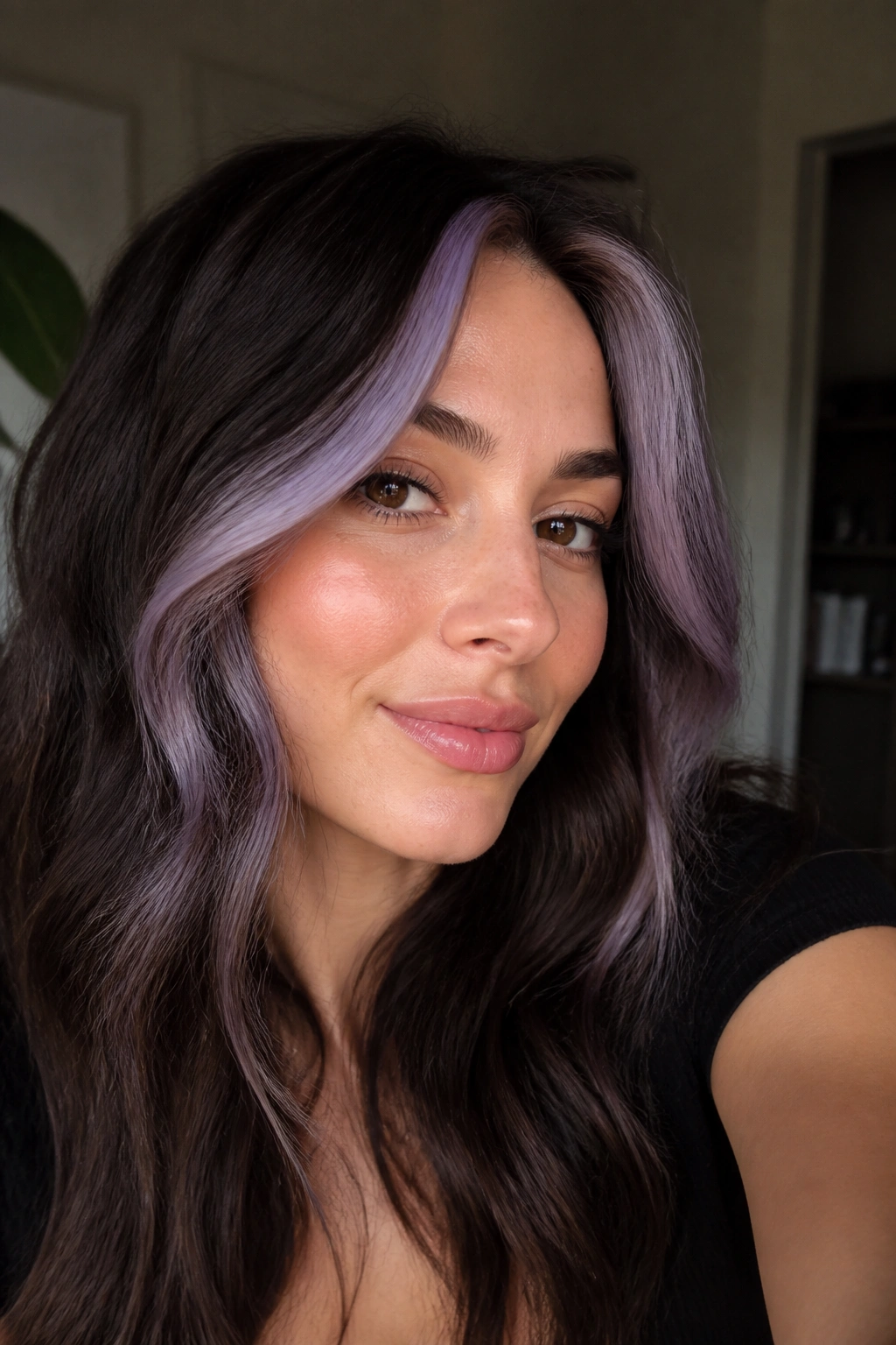 Smoky lilac money piece framing the face on dark brown hair