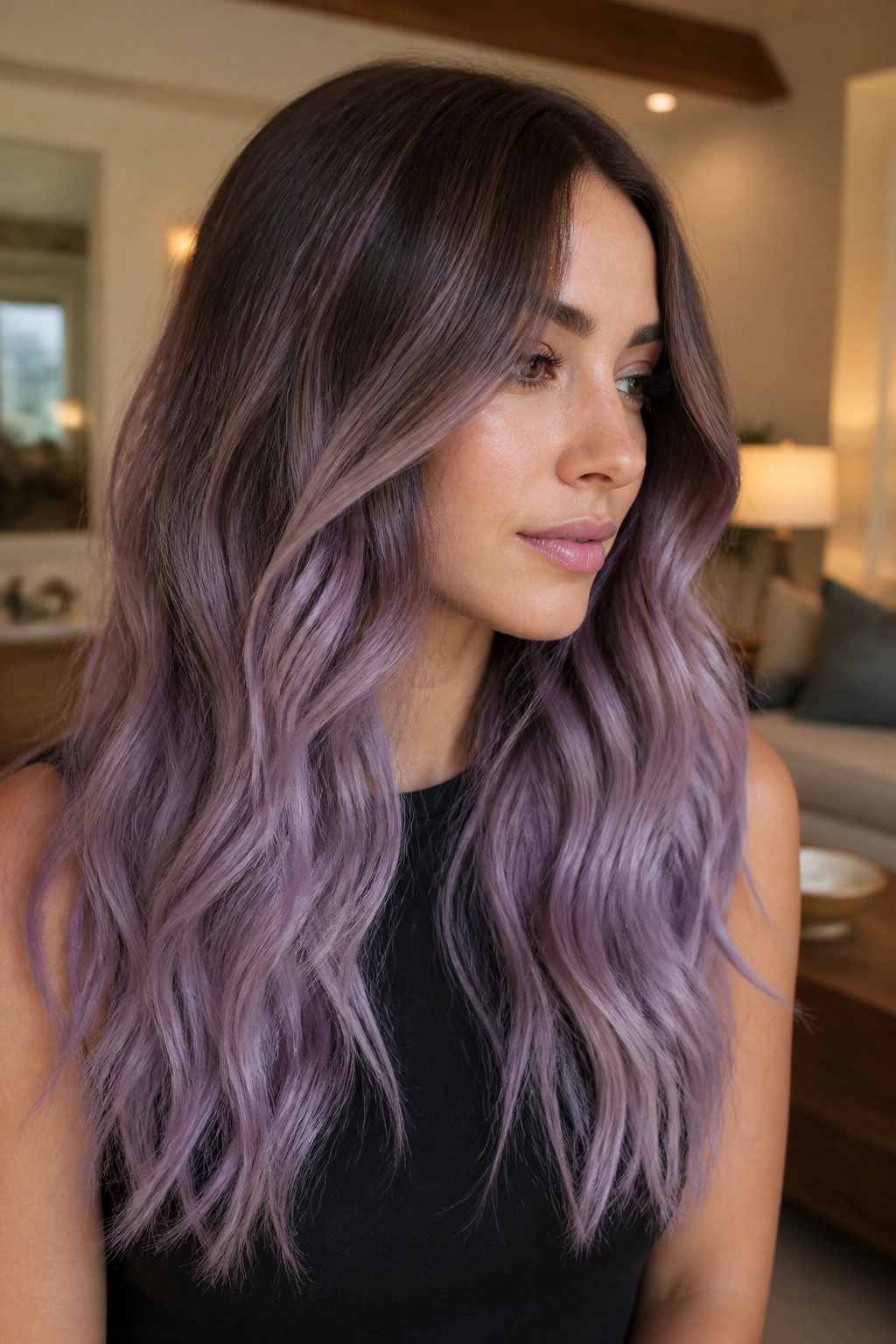 Close-up portrait of a real woman with smoky lilac ombre hair featuring shadowed roots and lilac ends