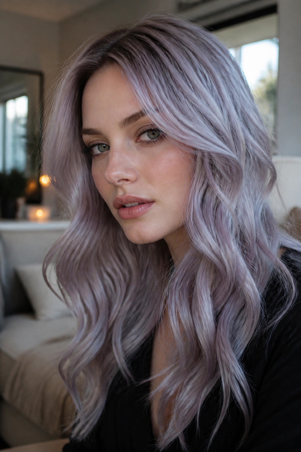 Real woman with smoky lilac silver wavy hair