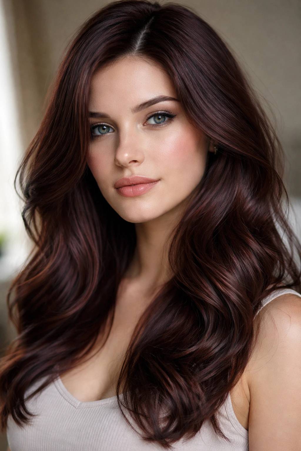 Close-up portrait of a real woman with smoky mahogany hair and ash undertones in window light