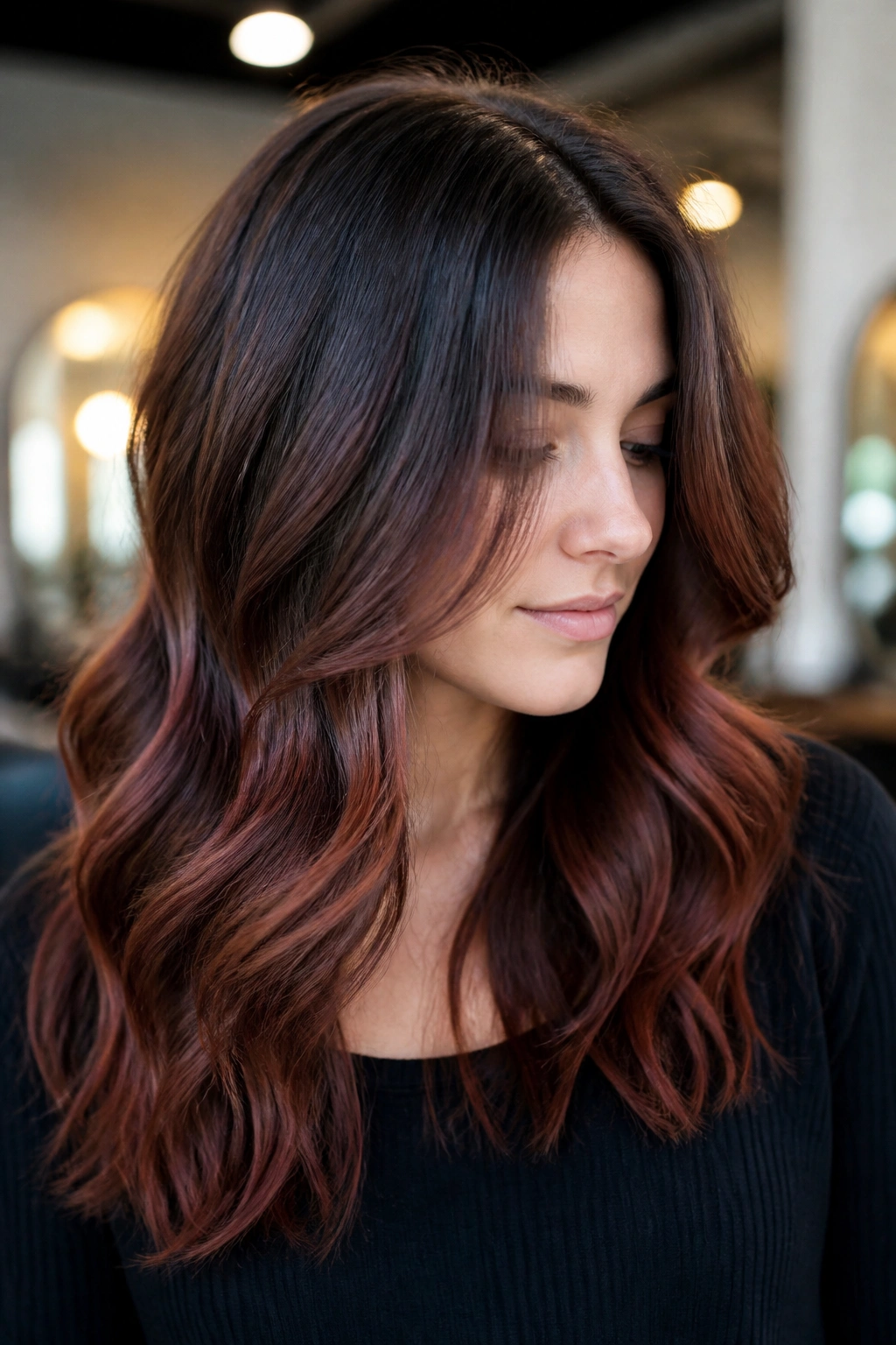 Close-up of a woman with smoky mahogany balayage ribbons through mid-lengths in a salon