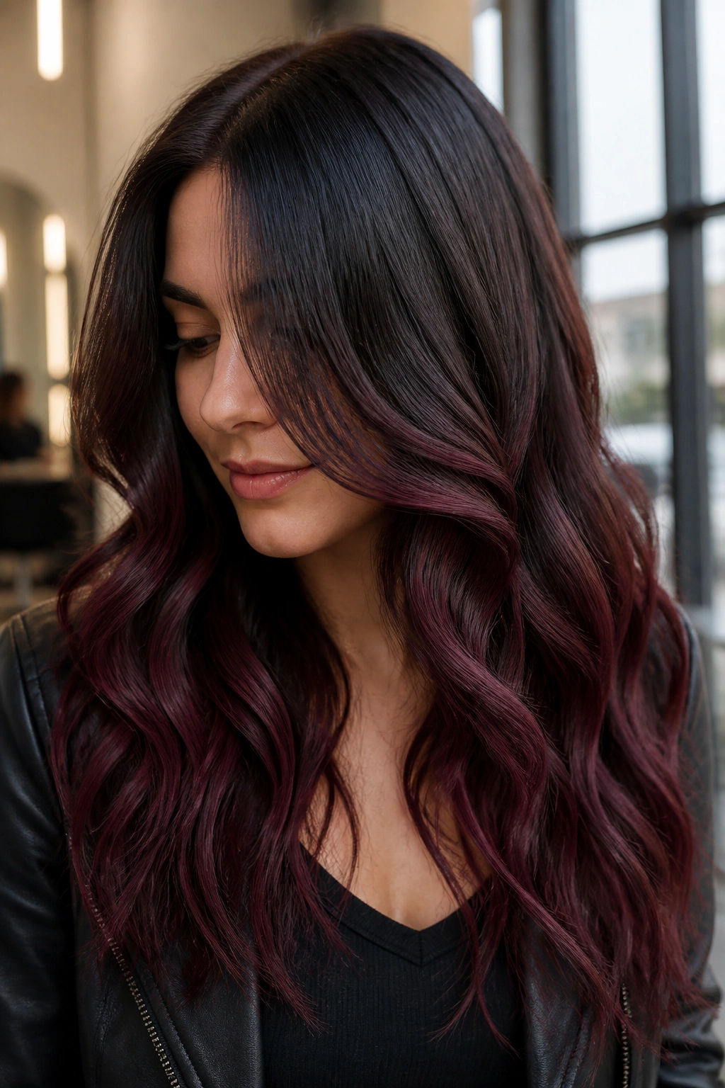Close-up of a real woman with smoky mahogany balayage on cool skin